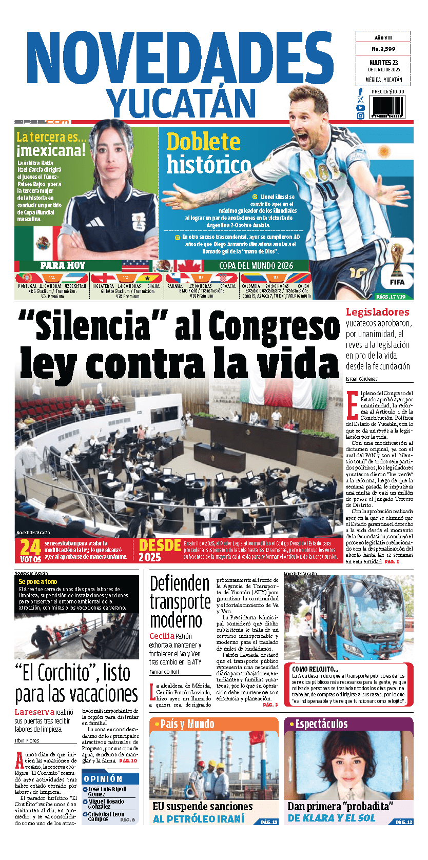 Portada de Novedades Yucatan del martes, 23 de junio de 2026