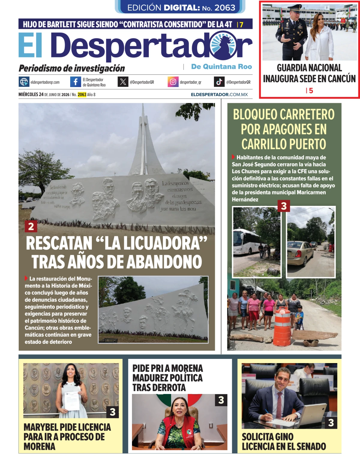 Portada de El Despertador de Quintana Roo del miércoles, 24 de junio de 2026