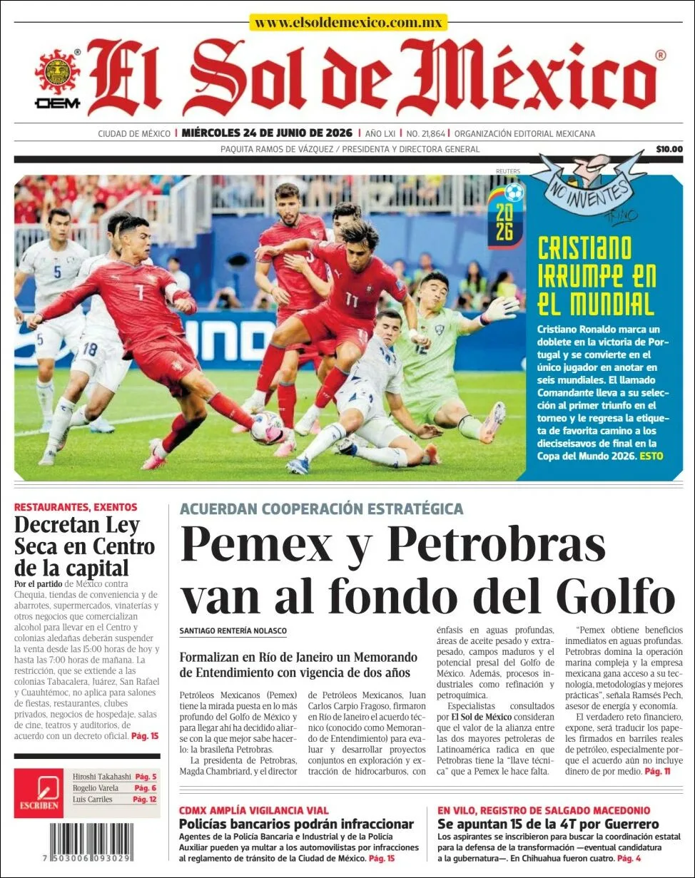 Portada de El Sol de Mexico del miércoles, 24 de junio de 2026