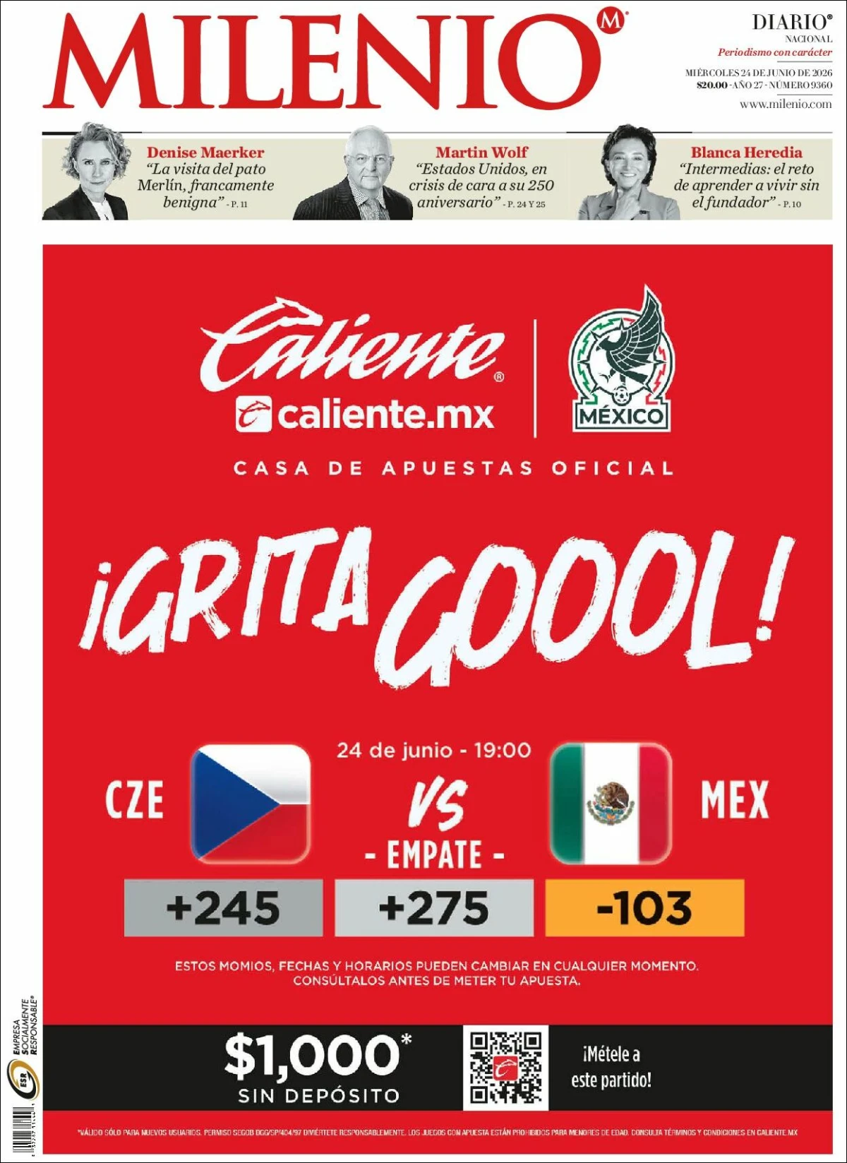 Portada de Milenio del miércoles, 24 de junio de 2026