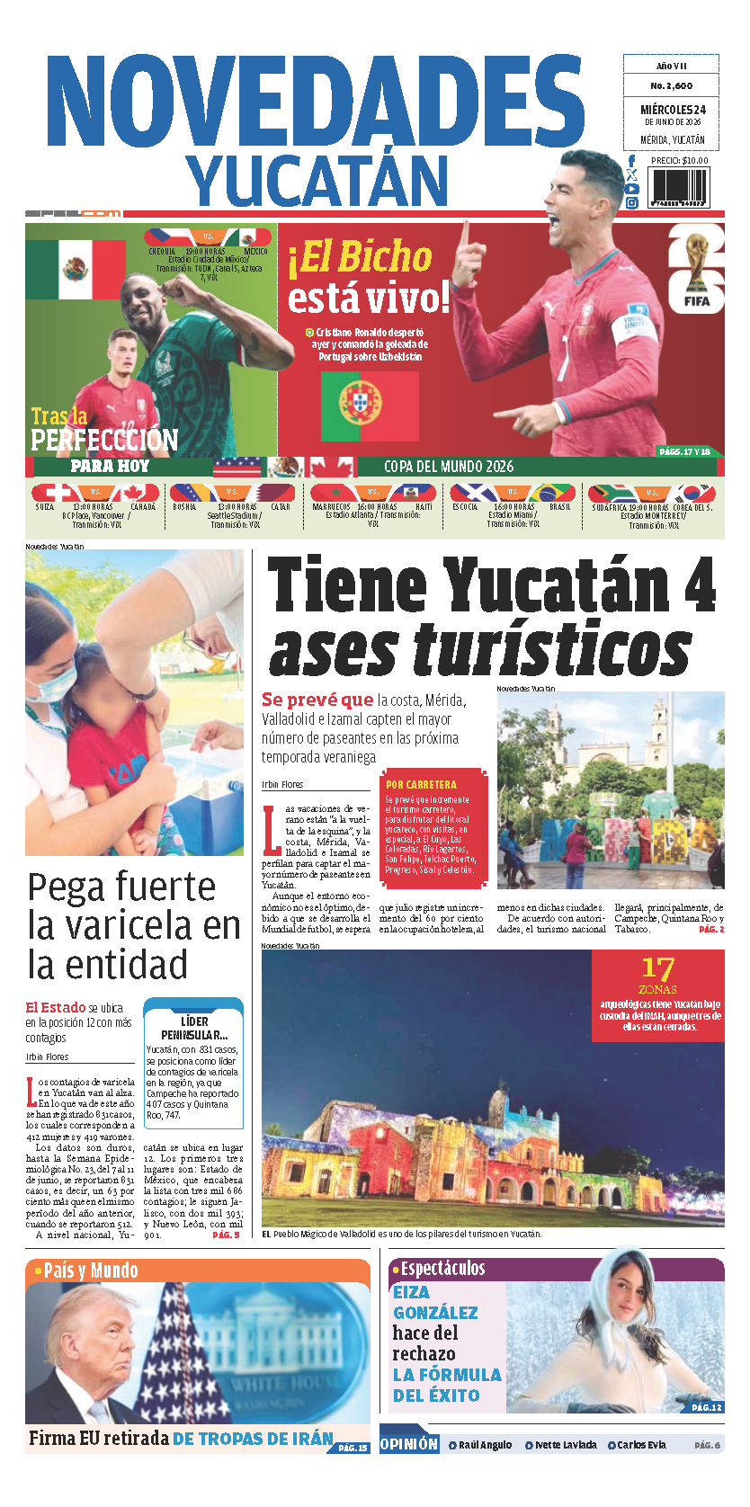 Portada de Novedades Yucatan del miércoles, 24 de junio de 2026