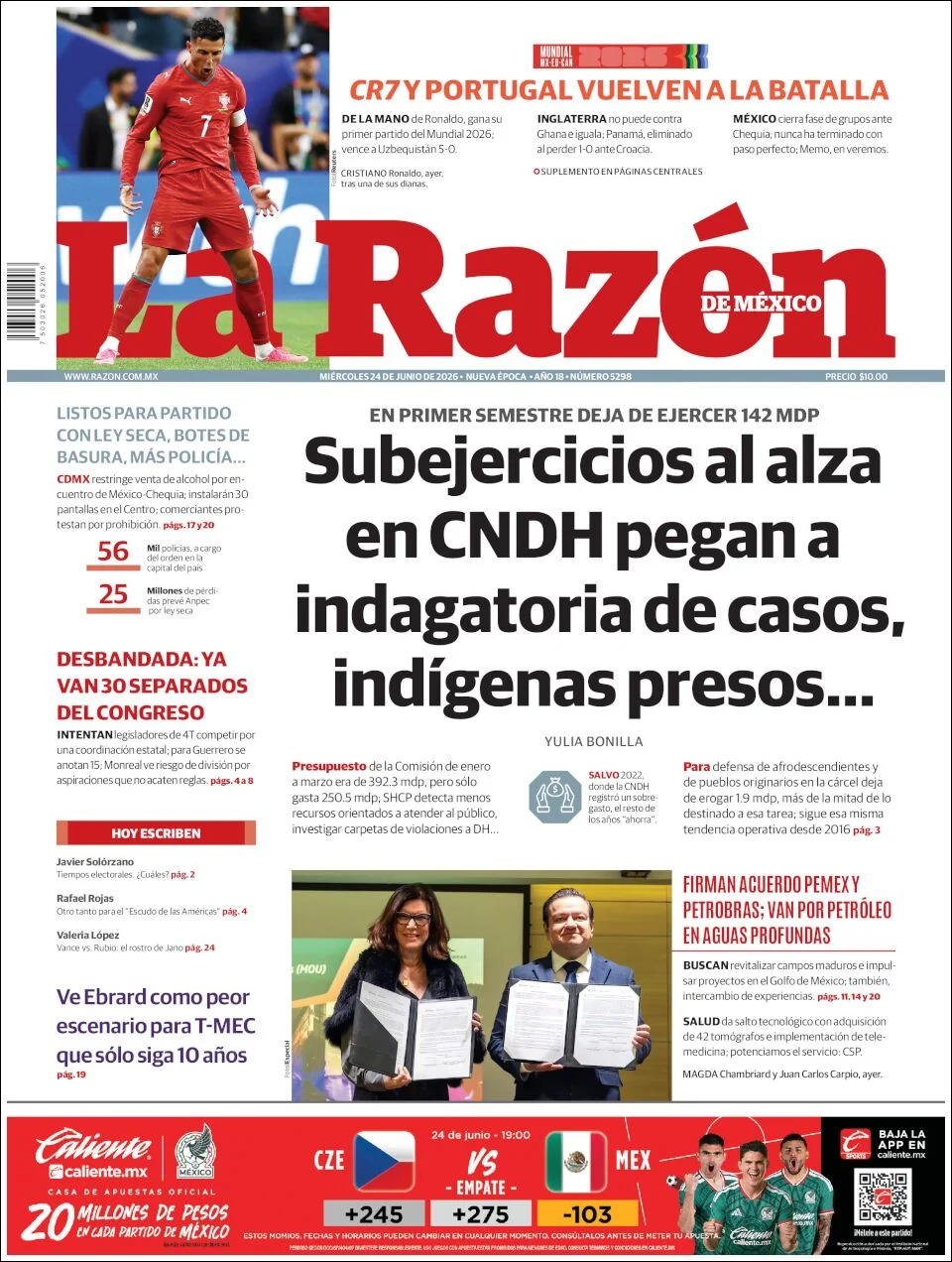 Portada de La Razon del miércoles, 24 de junio de 2026