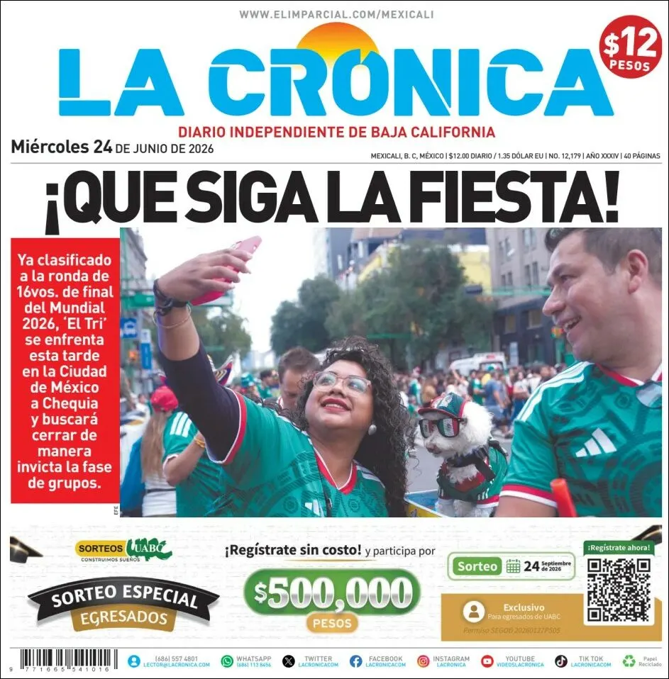 Portada de La Cronica del miércoles, 24 de junio de 2026