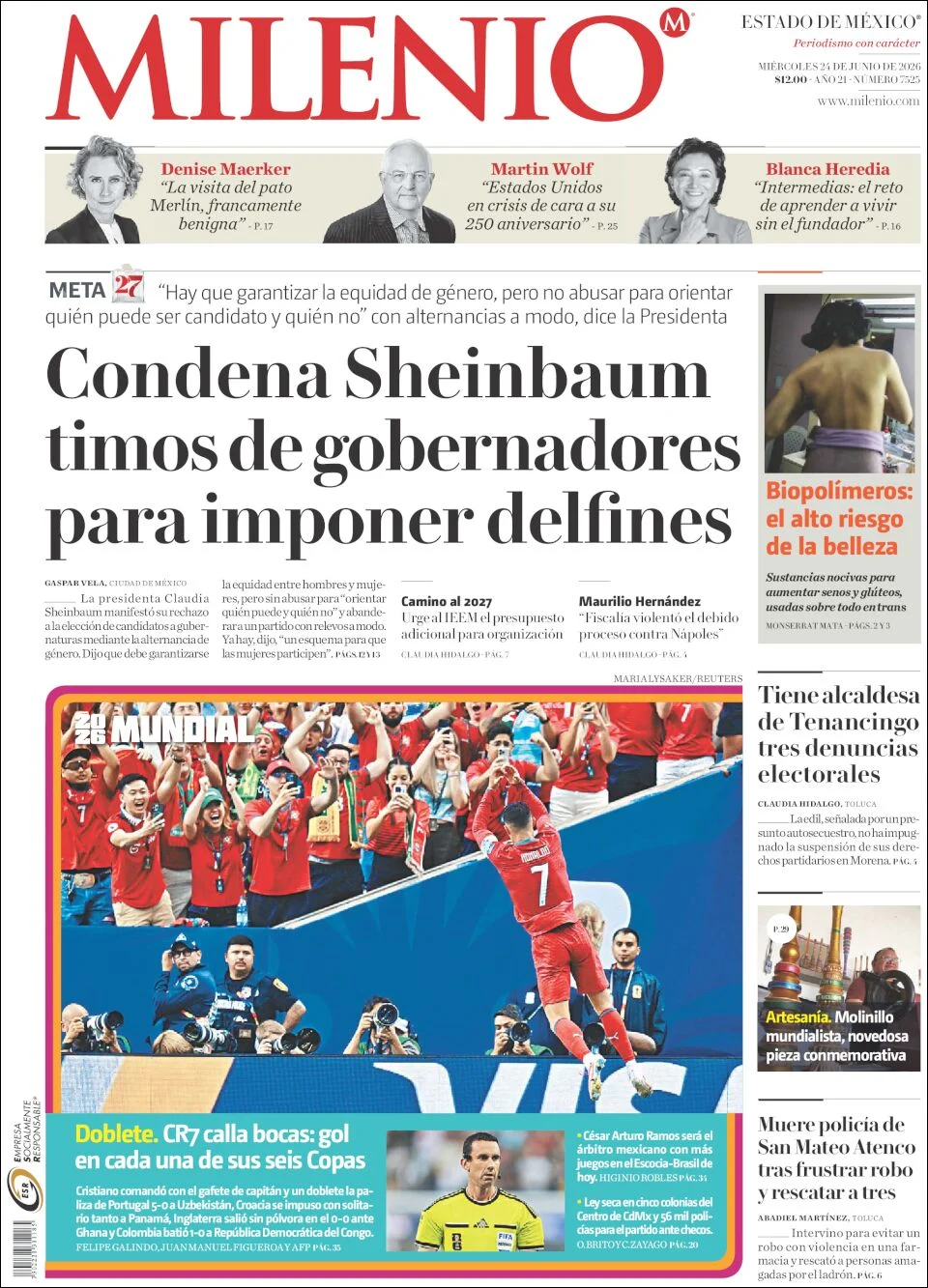 Portada de Milenio Edo de Mexico del miércoles, 24 de junio de 2026