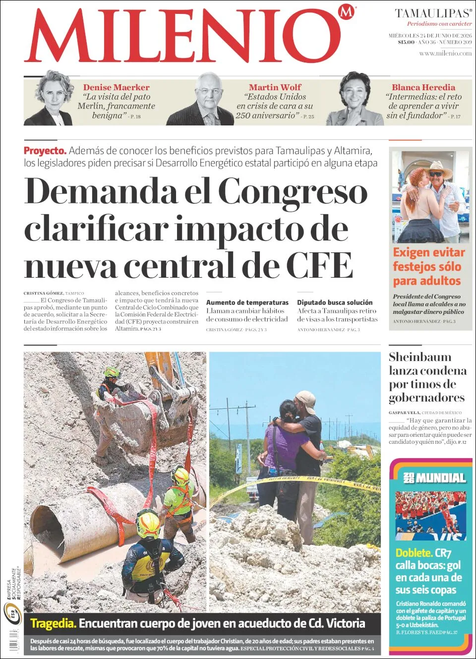 Portada de Milenio Tamaulipas del miércoles, 24 de junio de 2026