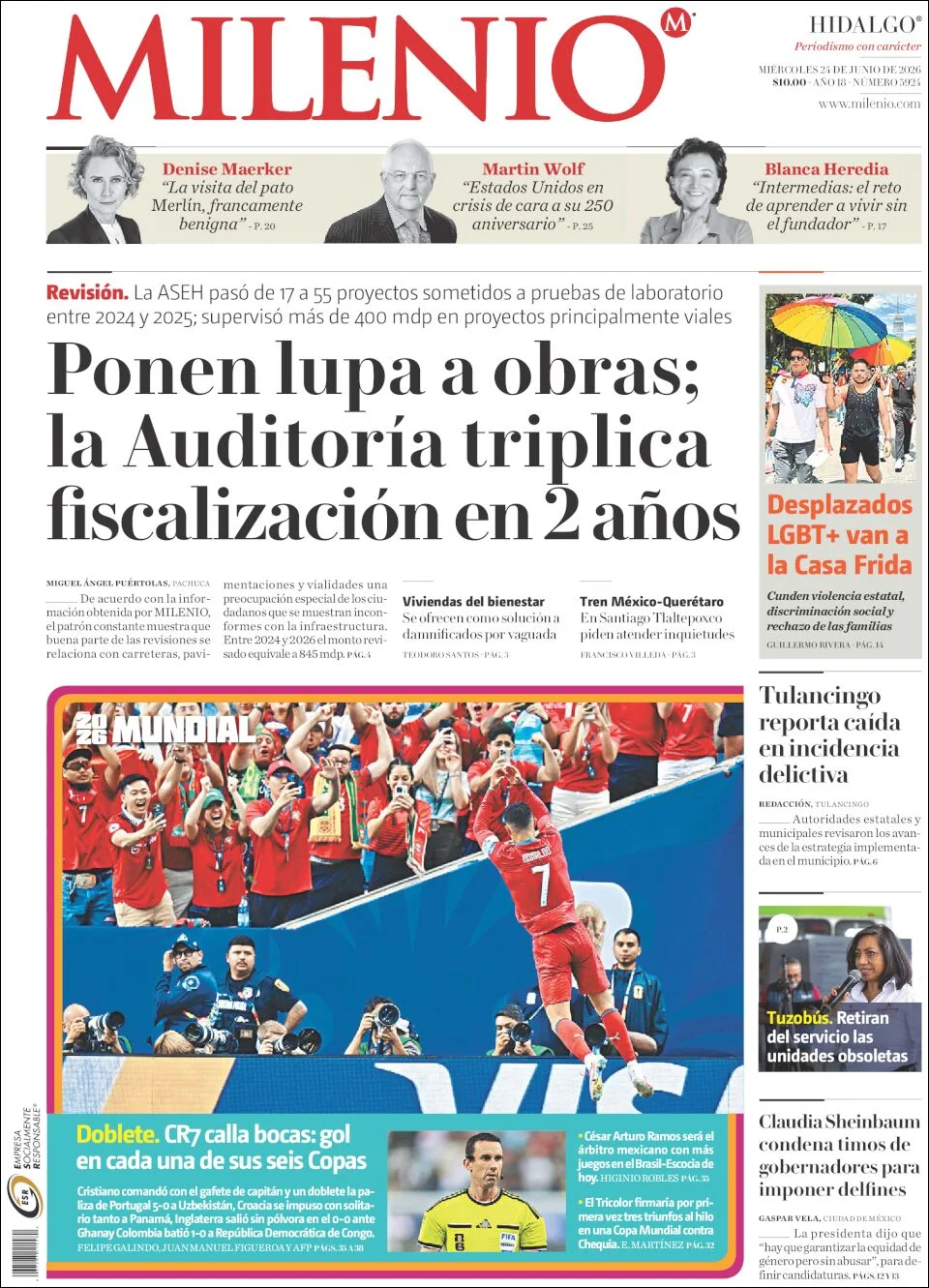 Portada de Milenio Hidalgo del miércoles, 24 de junio de 2026