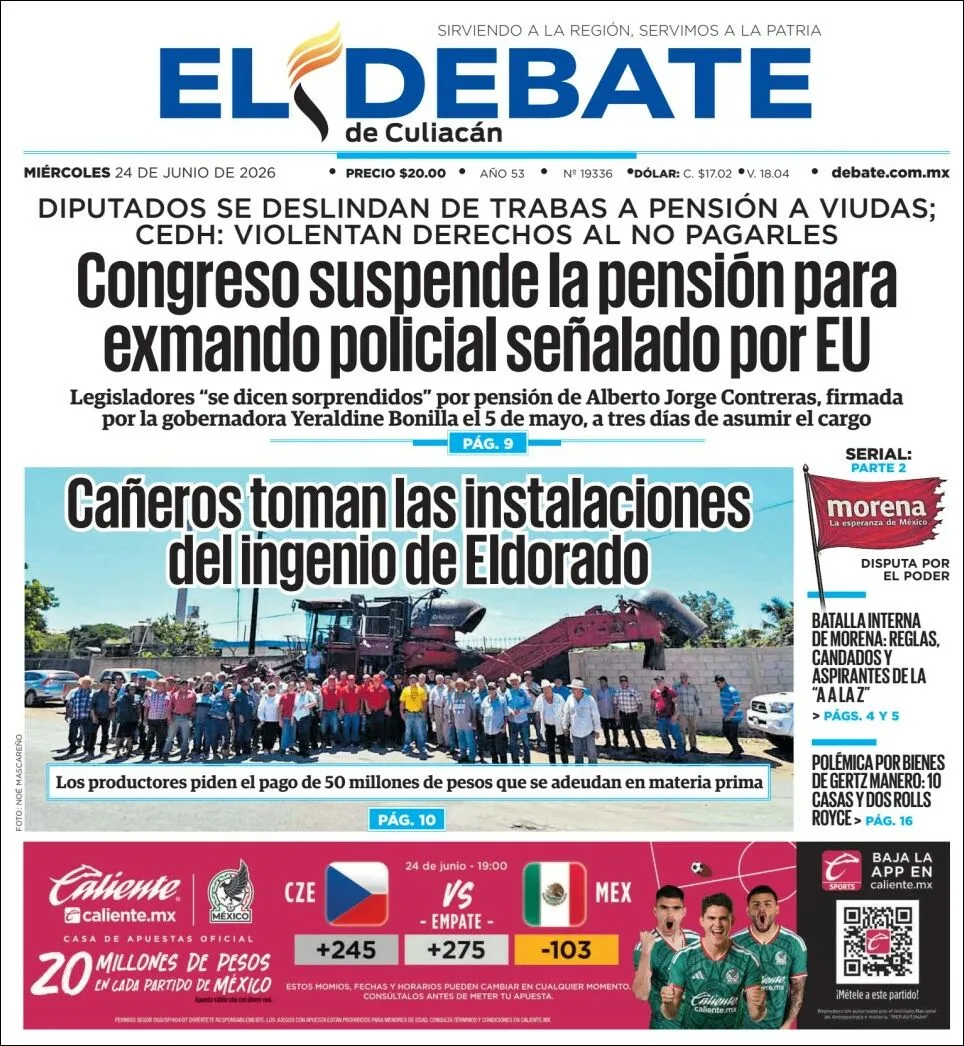 Portada de El Debate de Culiacan del miércoles, 24 de junio de 2026