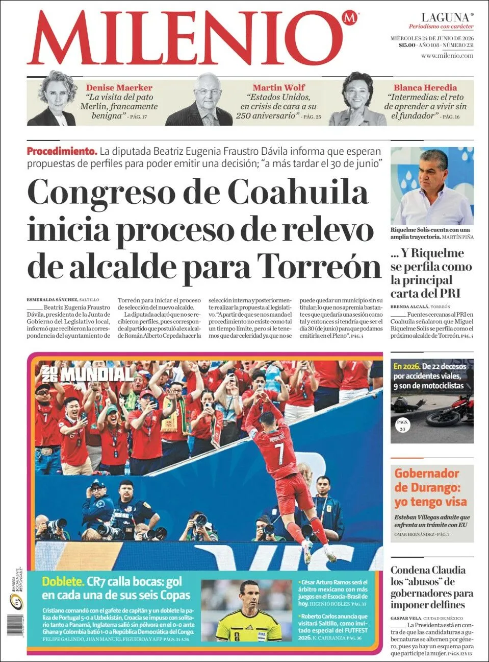 Portada de Milenio Laguna del miércoles, 24 de junio de 2026