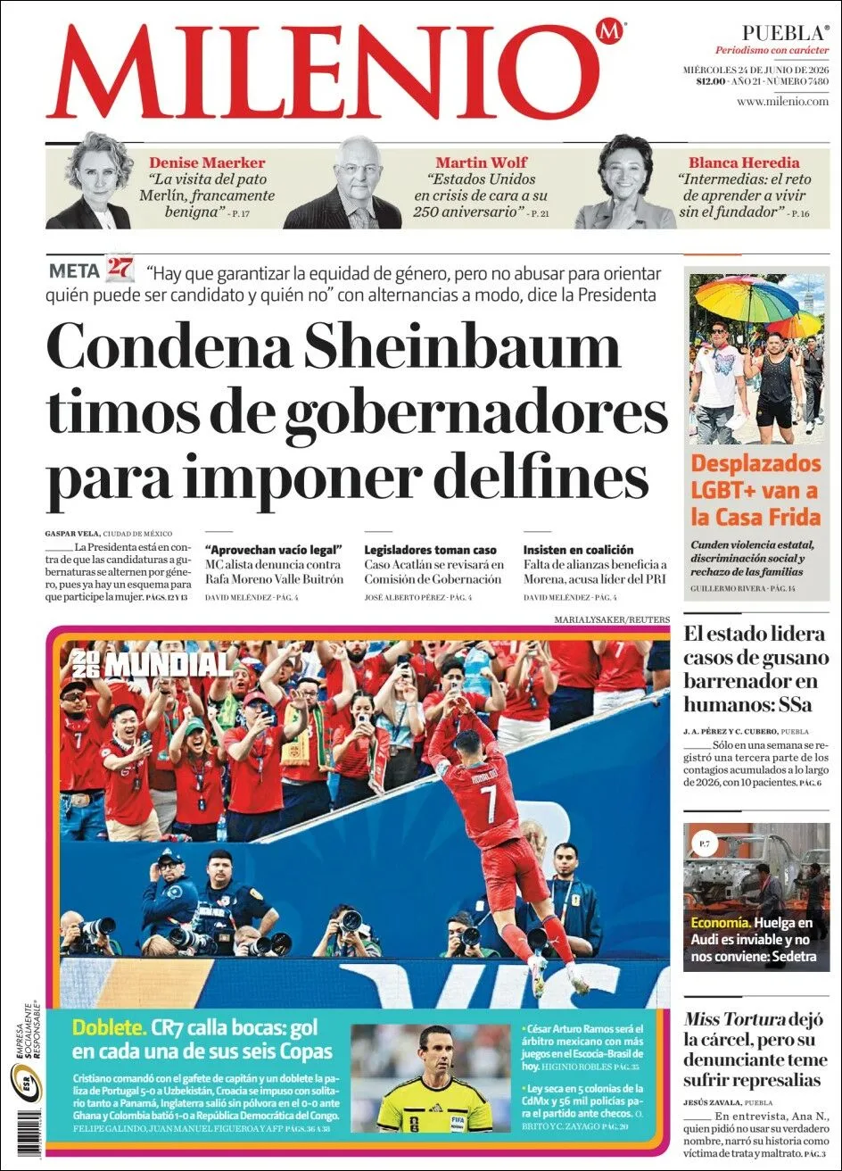 Portada de Milenio Puebla del miércoles, 24 de junio de 2026