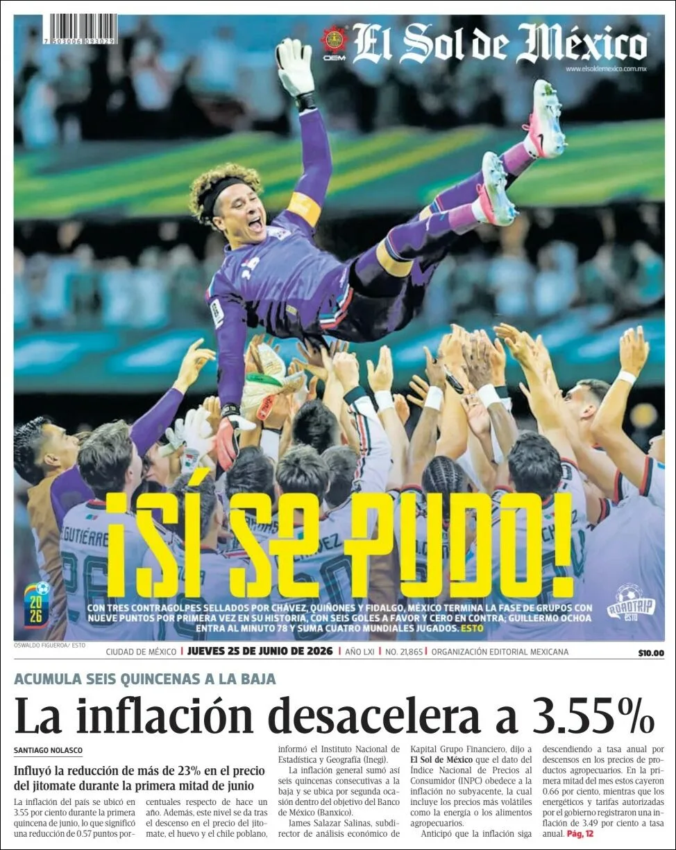 Portada de El Sol de Mexico del jueves, 25 de junio de 2026