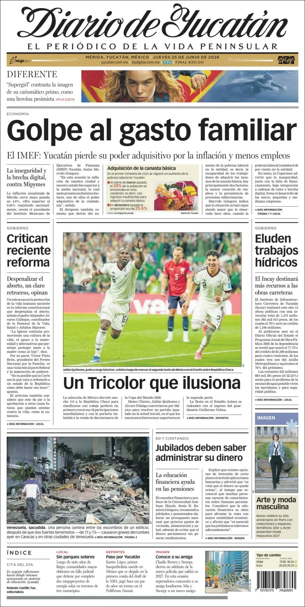Portada de Diario de Yucatán del jueves, 25 de junio de 2026