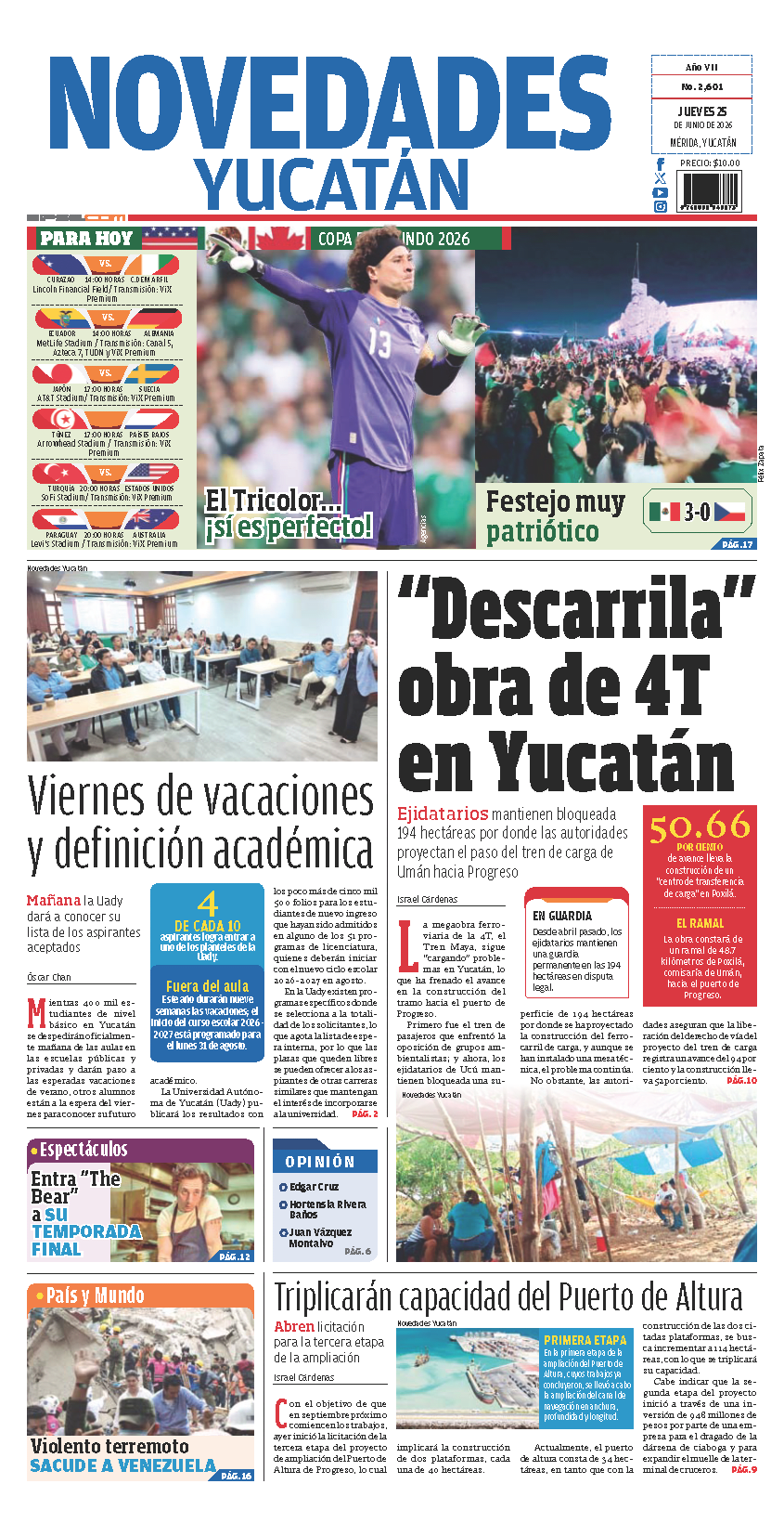 Portada de Novedades Yucatan del jueves, 25 de junio de 2026