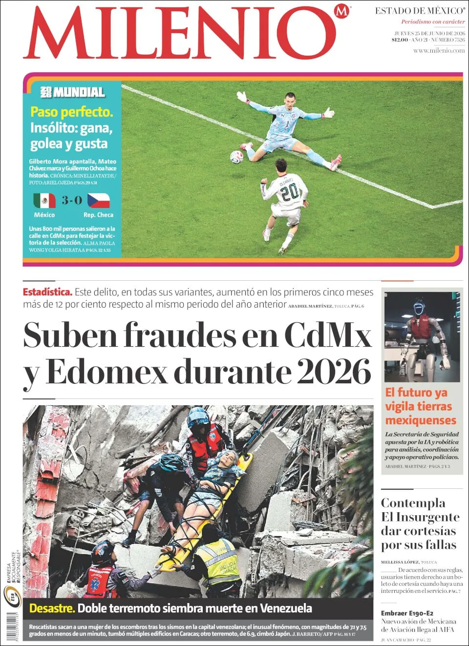Portada de Milenio Edo de Mexico del jueves, 25 de junio de 2026