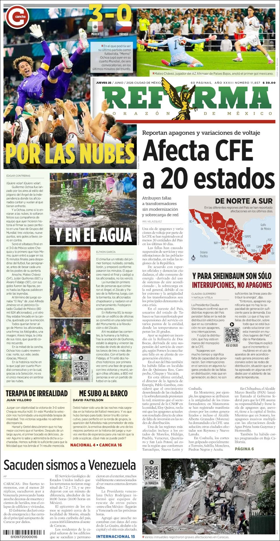 Portada de Reforma del jueves, 25 de junio de 2026