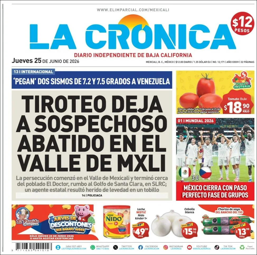 Portada de La Cronica del jueves, 25 de junio de 2026