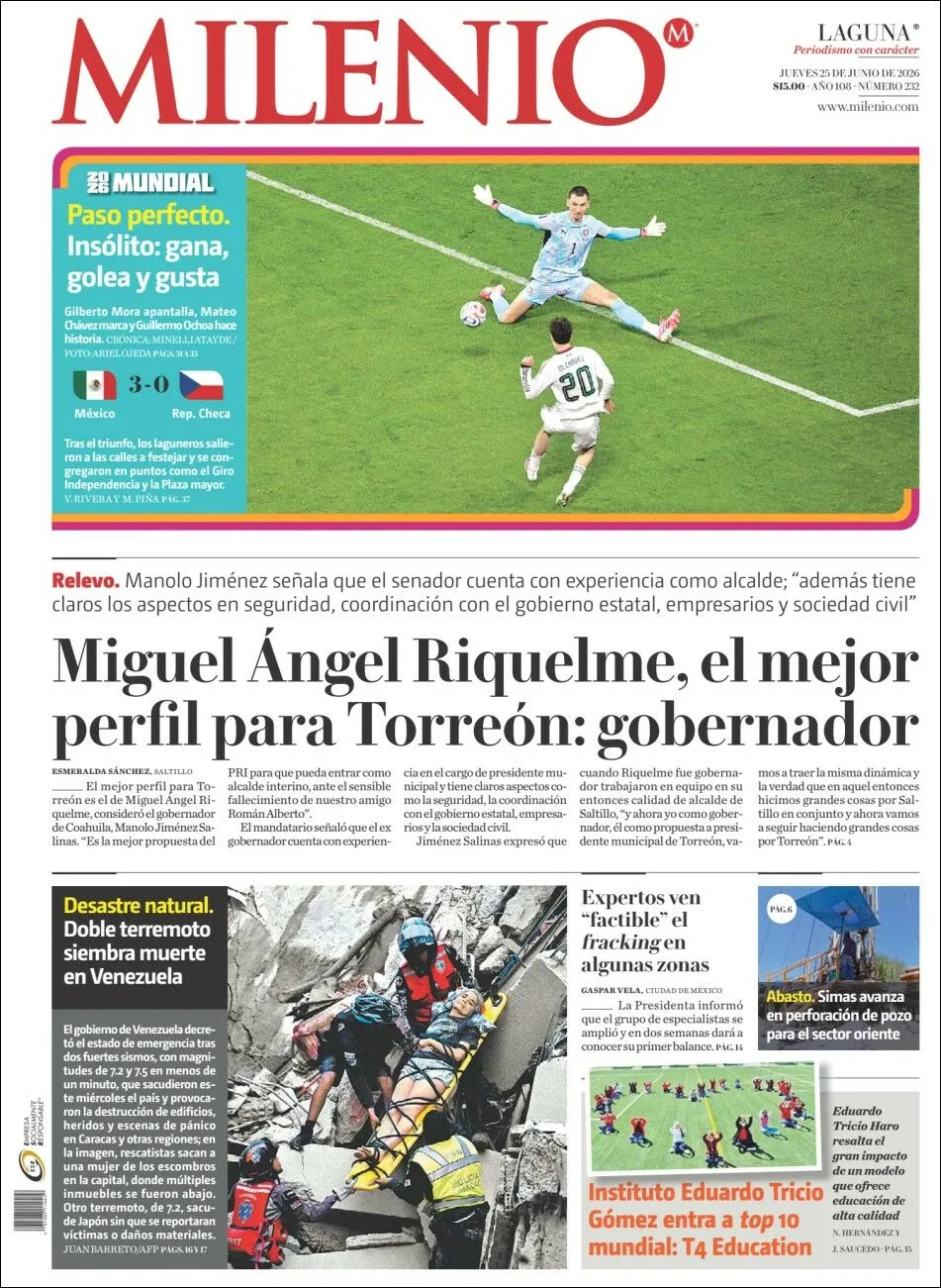 Portada de Milenio Laguna del jueves, 25 de junio de 2026
