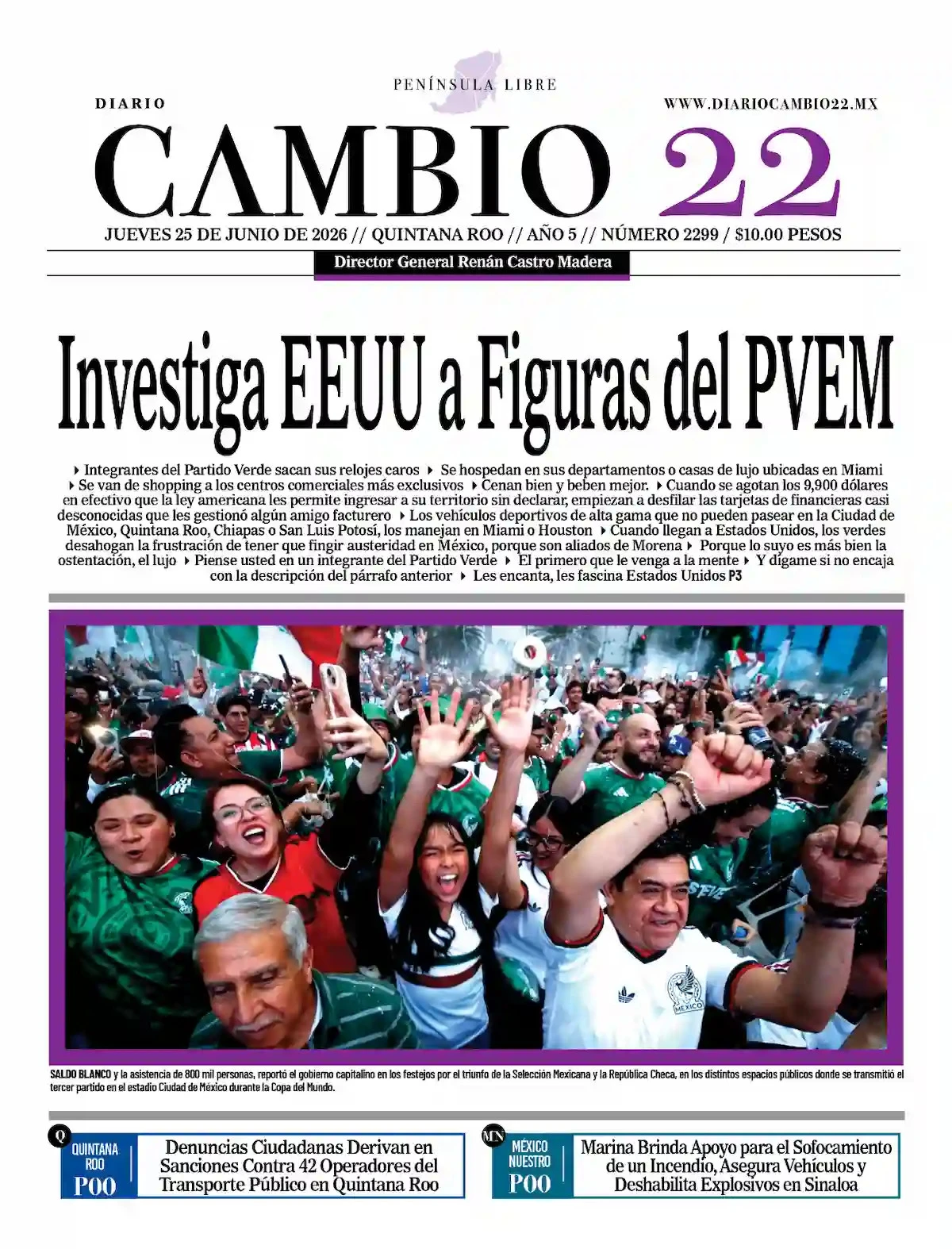 Portada de Diario Cambio 22 (portada) del jueves, 25 de junio de 2026