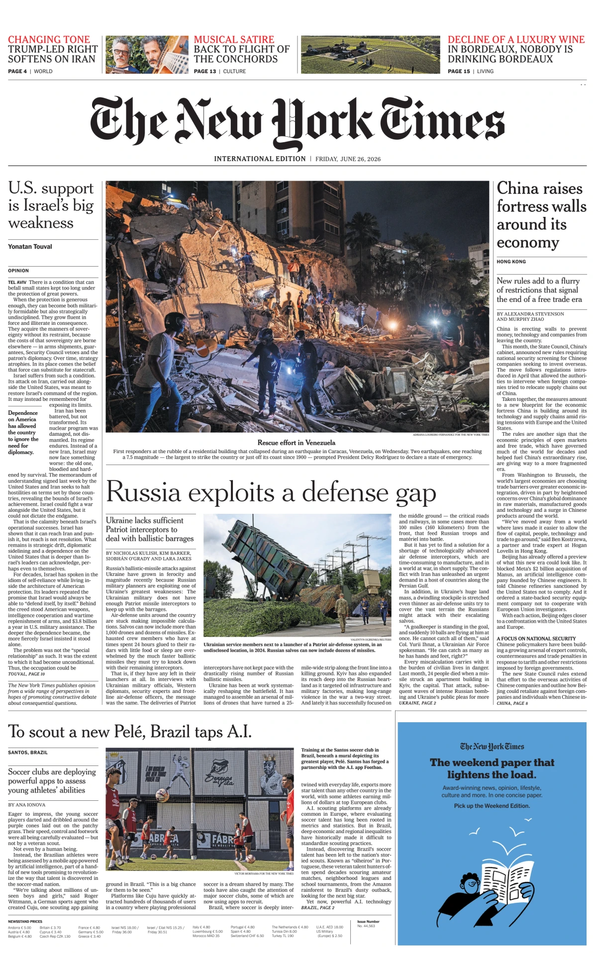 Portada de The New York Times (international) del viernes, 26 de junio de 2026