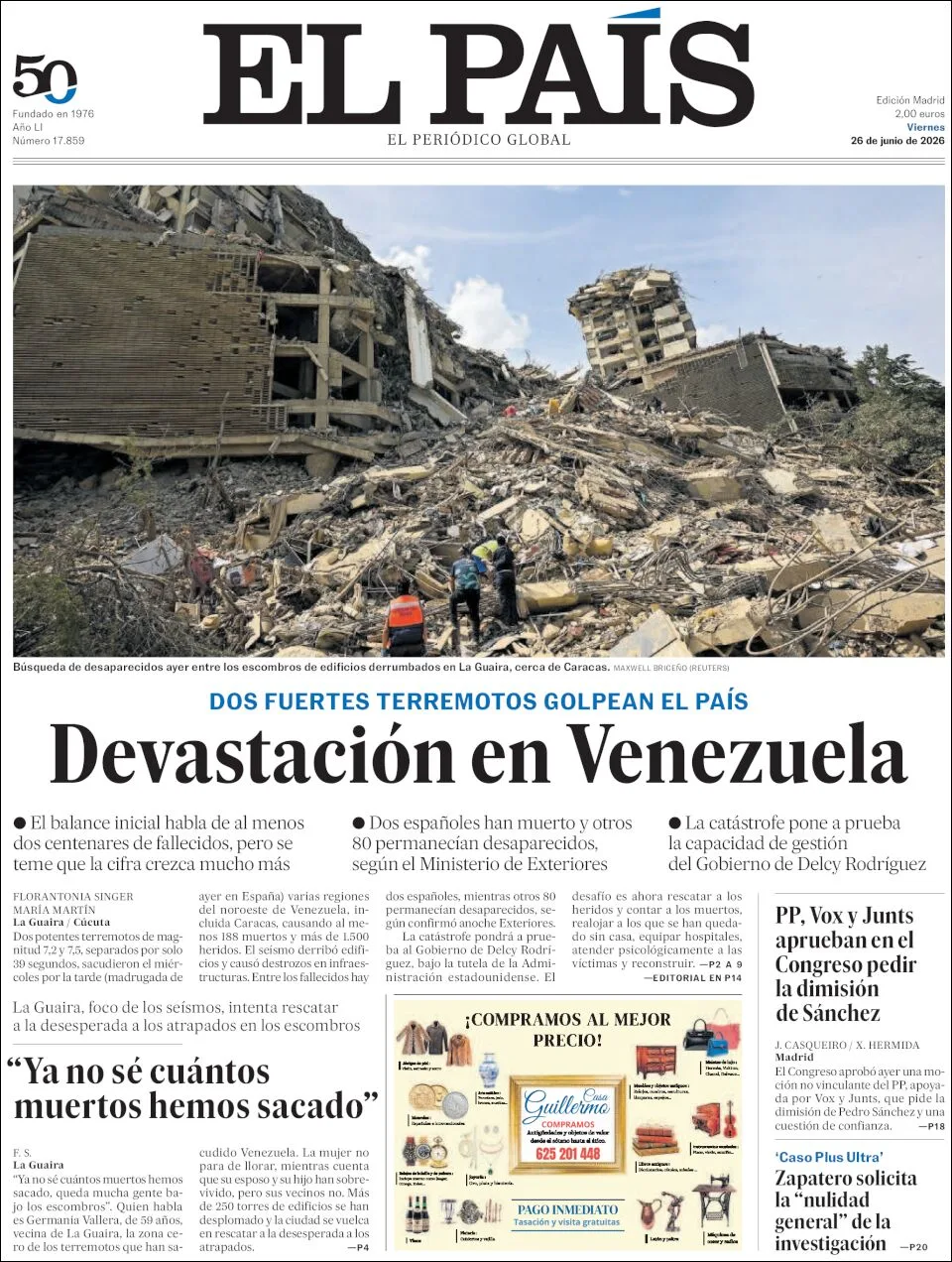 Portada de El Pais del viernes, 26 de junio de 2026