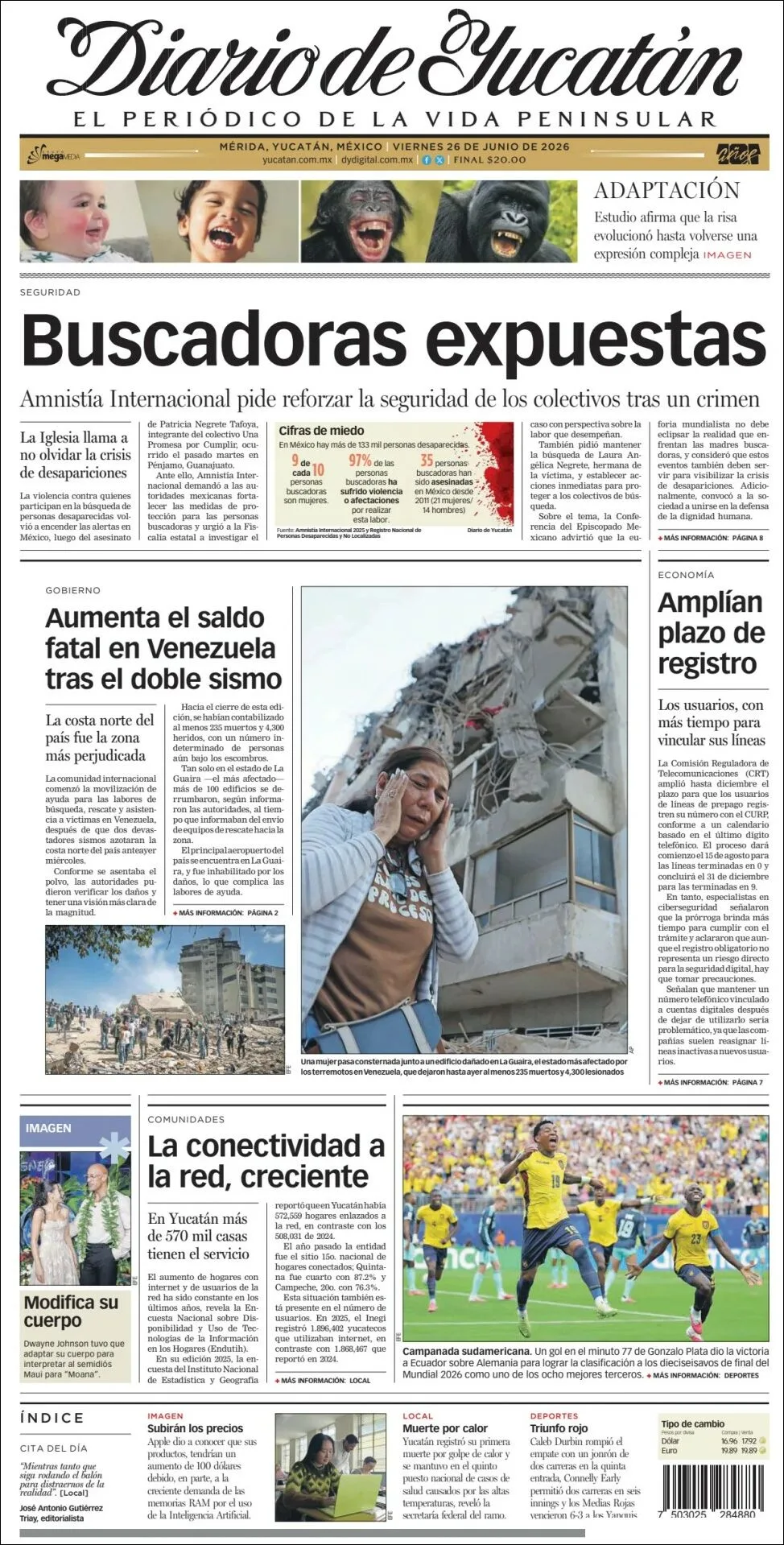 Portada de Diario de Yucatán del viernes, 26 de junio de 2026