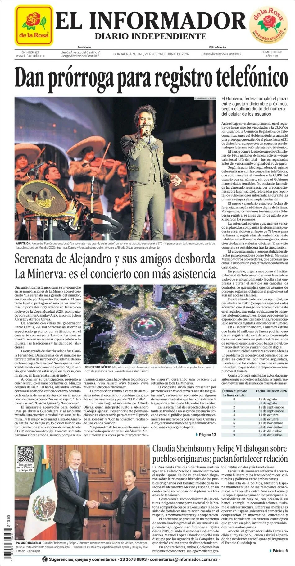 Portada de El Informador del viernes, 26 de junio de 2026