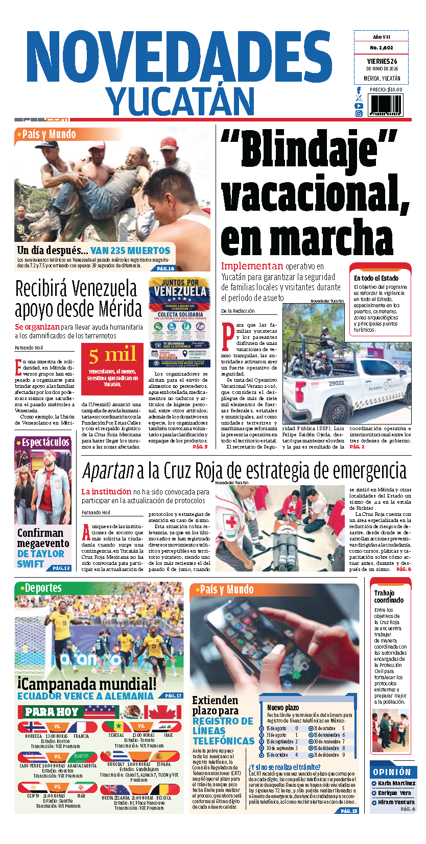 Portada de Novedades Yucatan del viernes, 26 de junio de 2026