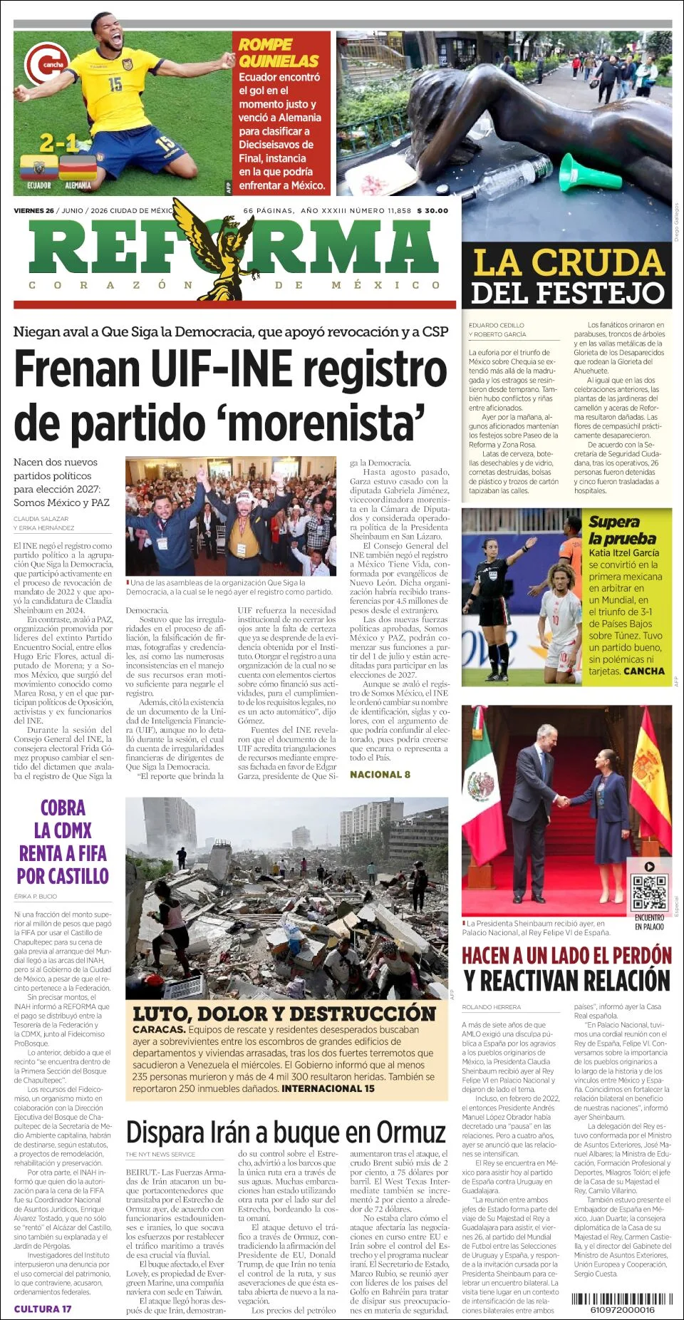 Portada de Reforma del viernes, 26 de junio de 2026