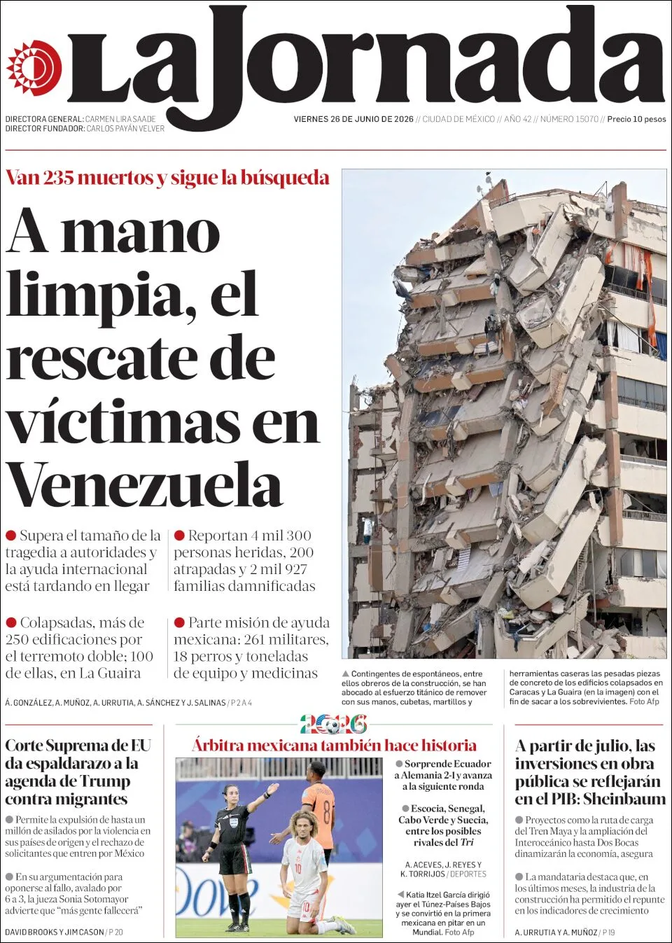 Portada de La Jornada del viernes, 26 de junio de 2026