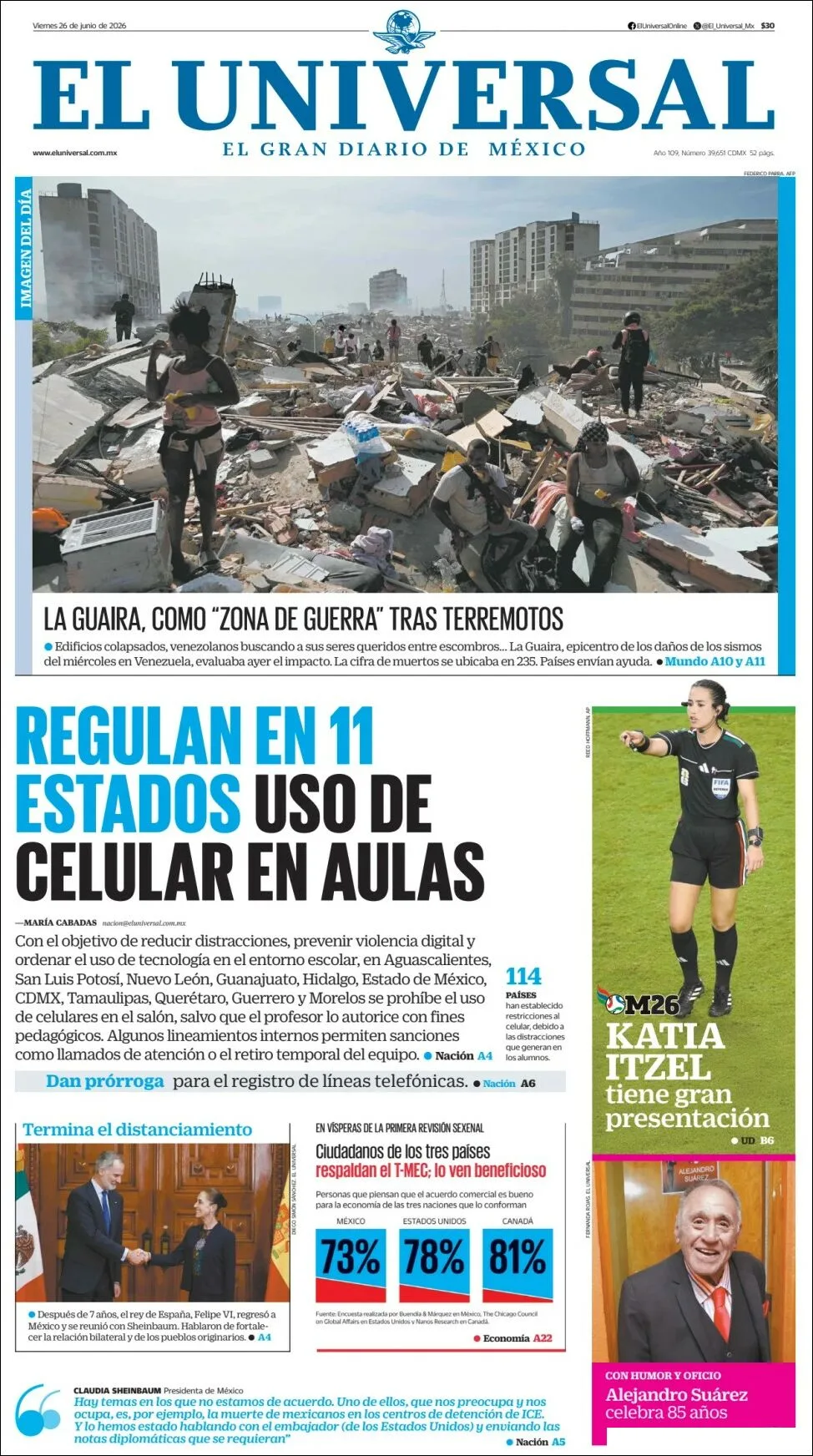 Portada de El Universal del viernes, 26 de junio de 2026