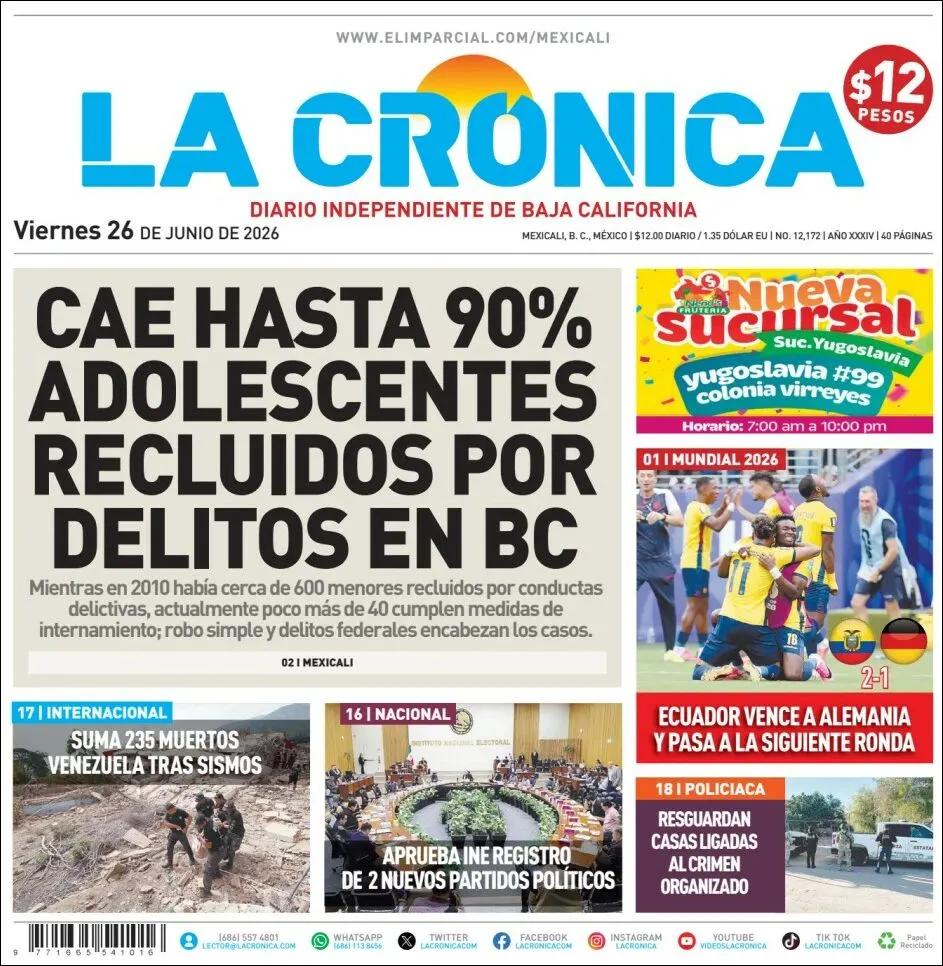 Portada de La Cronica del viernes, 26 de junio de 2026