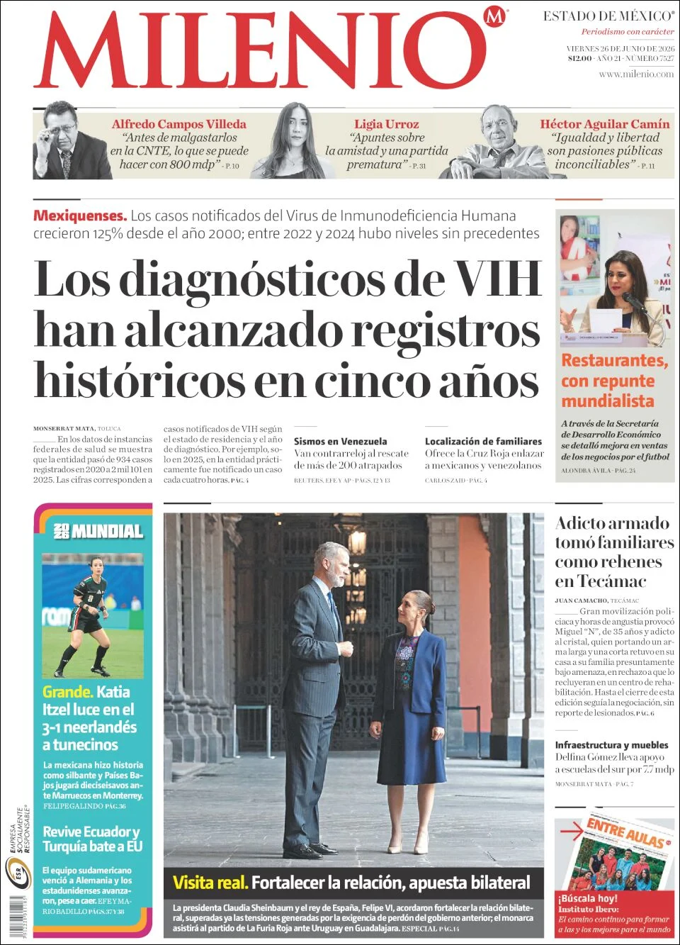 Portada de Milenio Edo de Mexico del viernes, 26 de junio de 2026