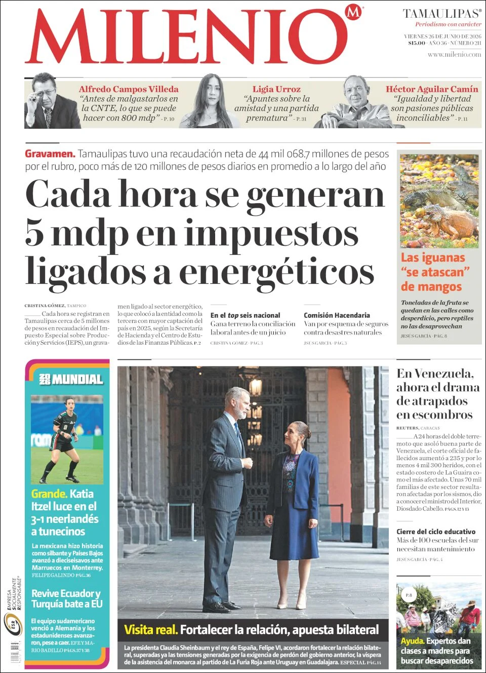 Portada de Milenio Tamaulipas del viernes, 26 de junio de 2026