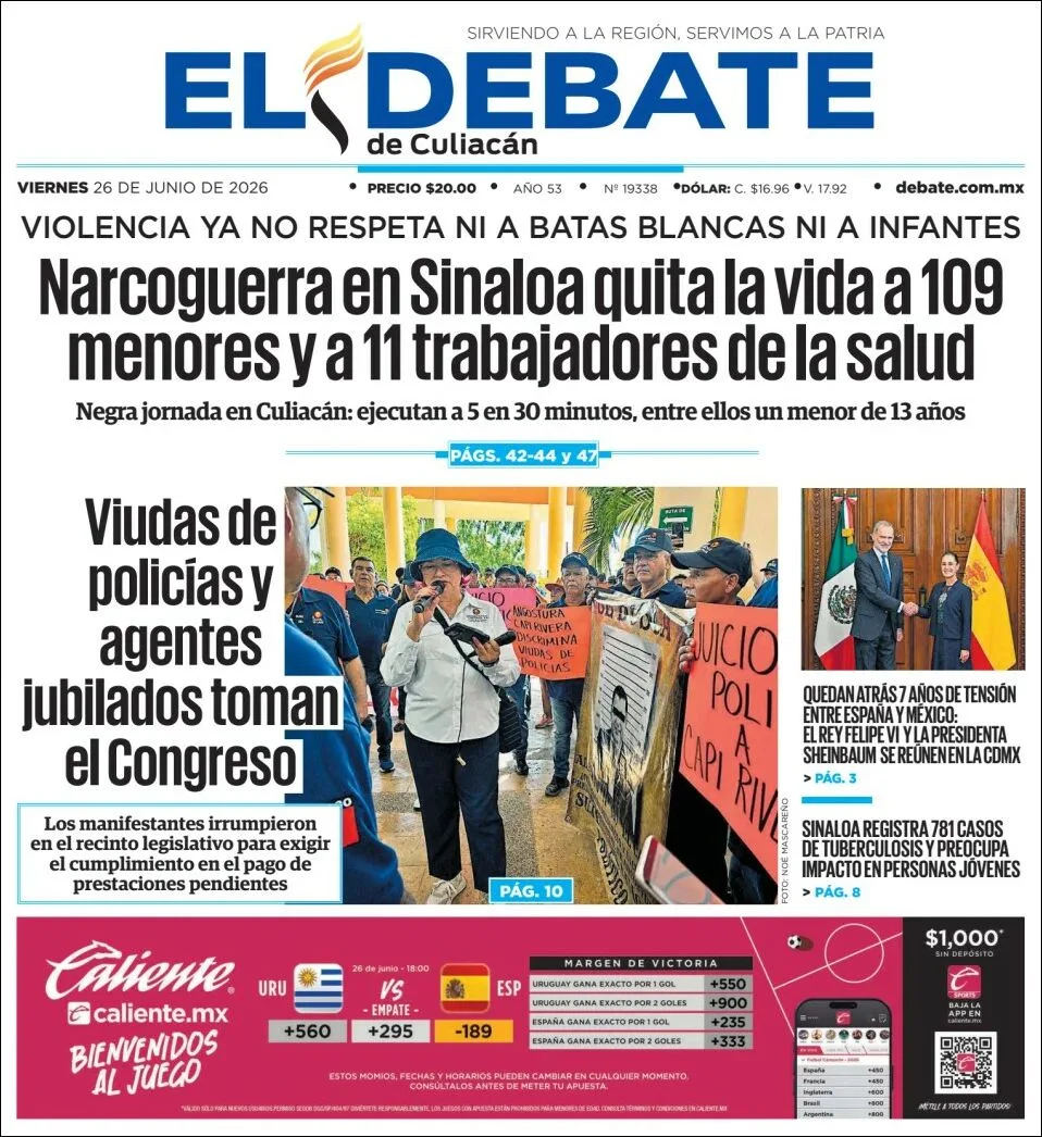 Portada de El Debate de Culiacan del viernes, 26 de junio de 2026