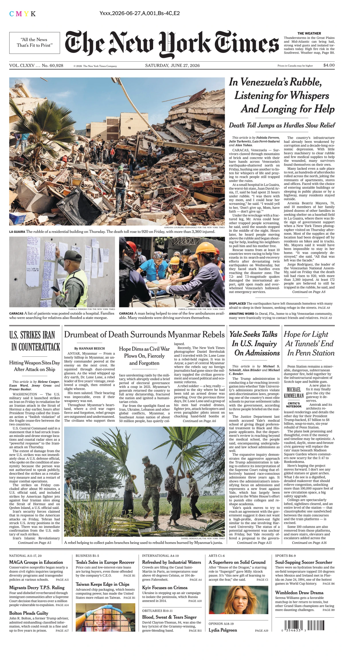 Portada de The New York Times (national) del sábado, 27 de junio de 2026