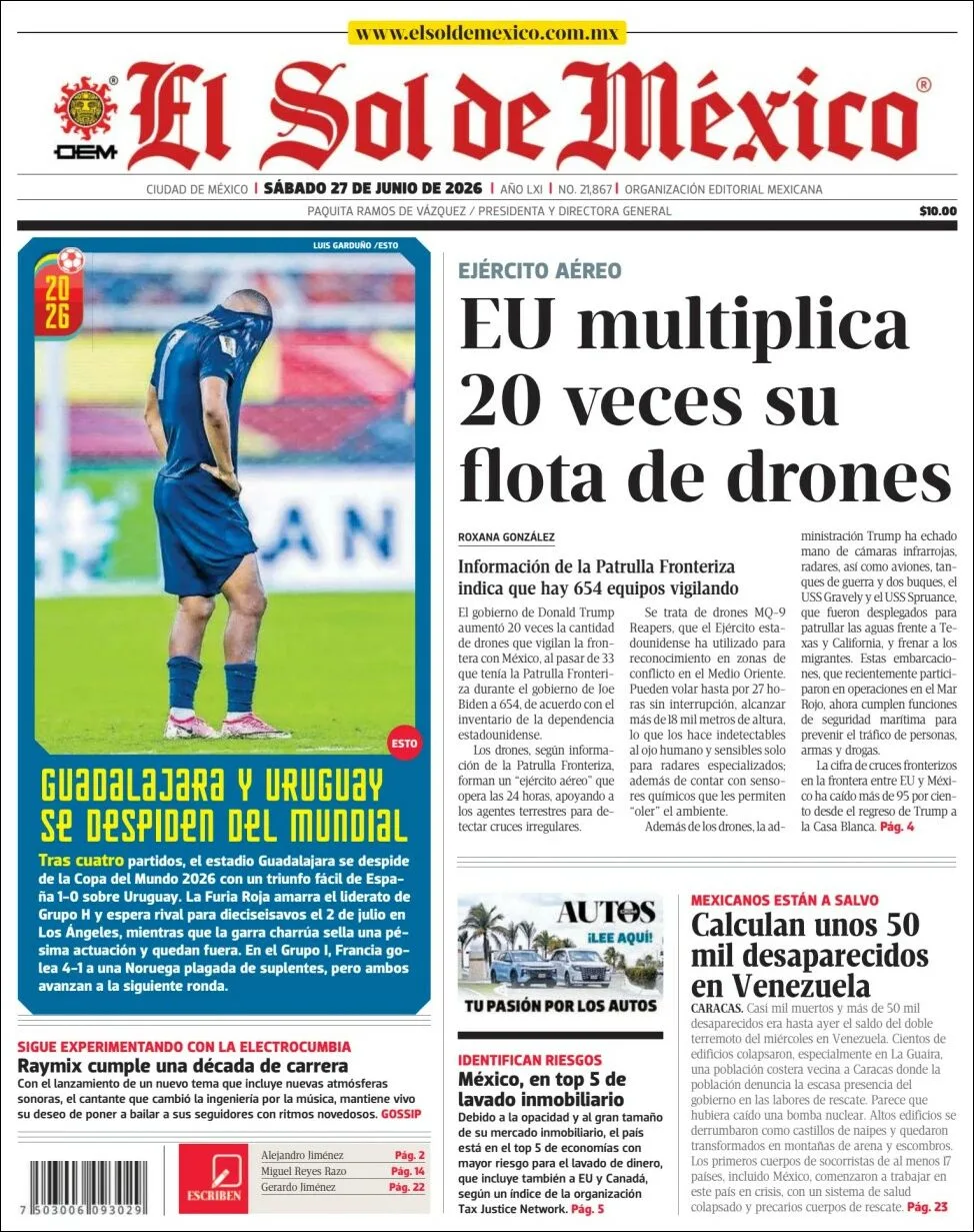 Portada de El Sol de Mexico del sábado, 27 de junio de 2026