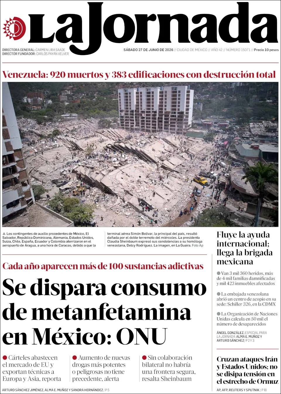 Portada de La Jornada del sábado, 27 de junio de 2026