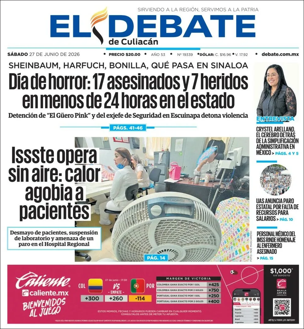 Portada de El Debate de Culiacan del sábado, 27 de junio de 2026