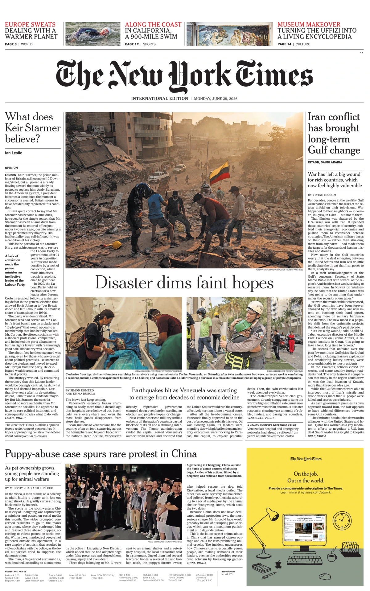 Portada de The New York Times (international) del lunes, 29 de junio de 2026