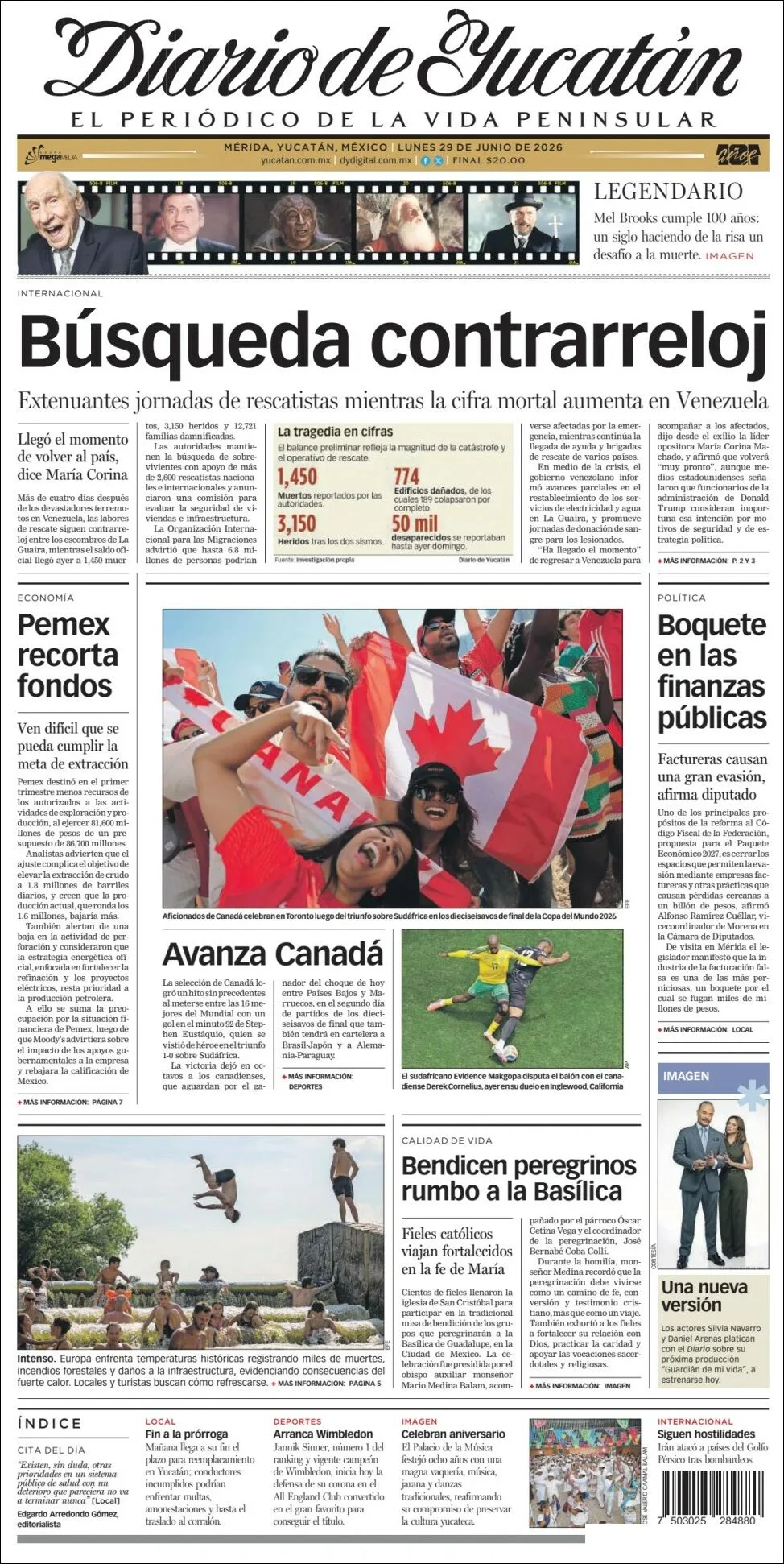Portada de Diario de Yucatán del lunes, 29 de junio de 2026
