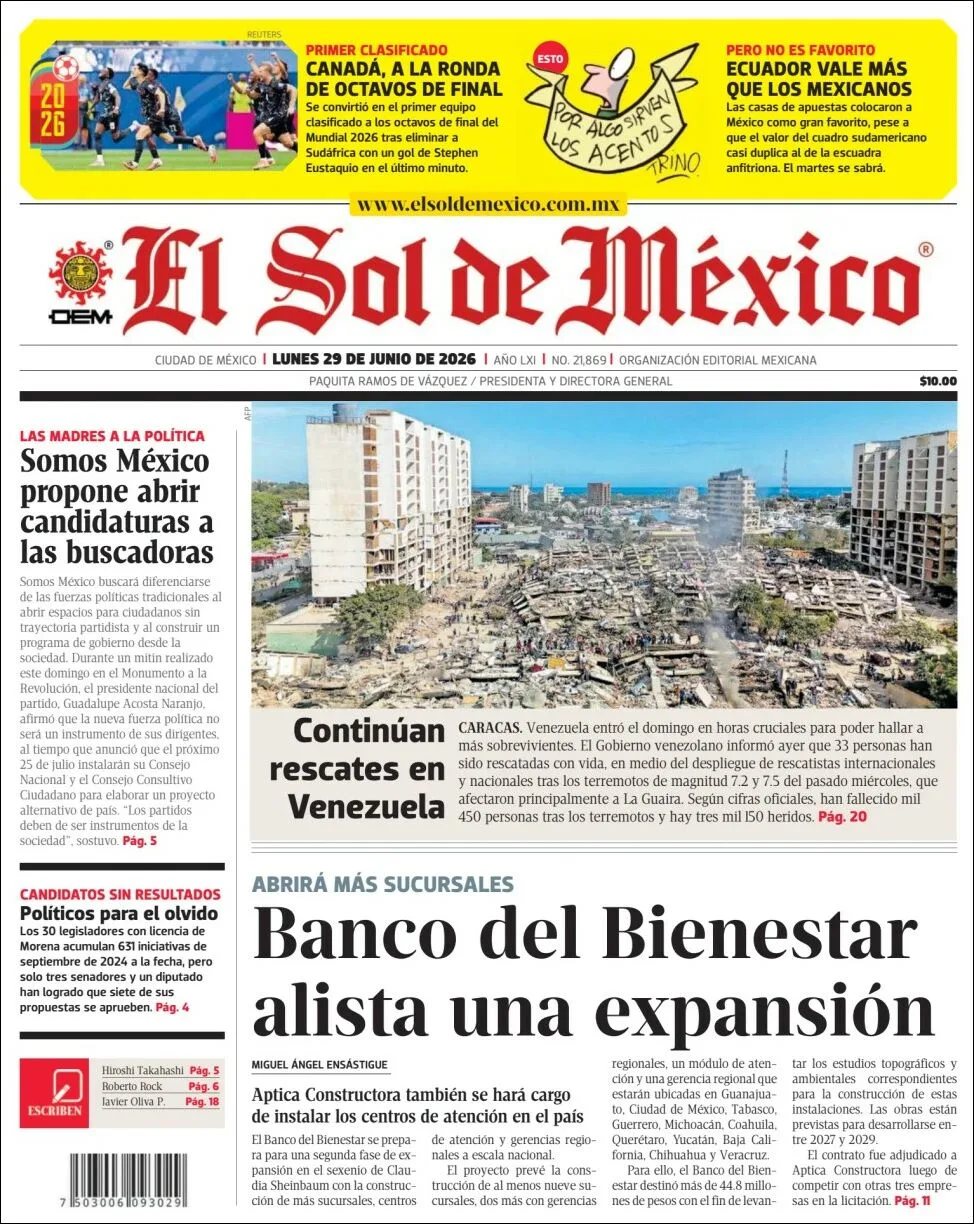 Portada de El Sol de Mexico del lunes, 29 de junio de 2026