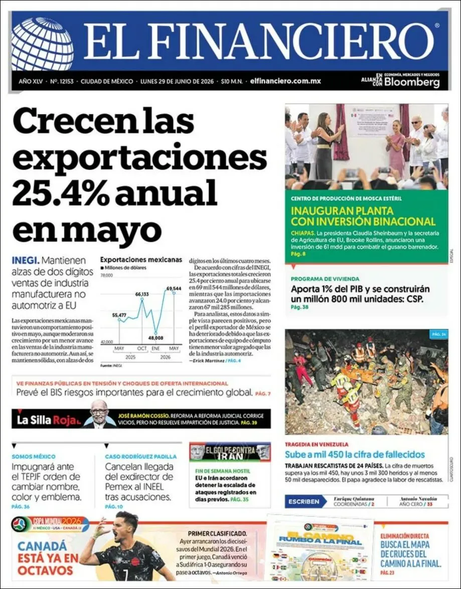 Portada de El Financiero del lunes, 29 de junio de 2026