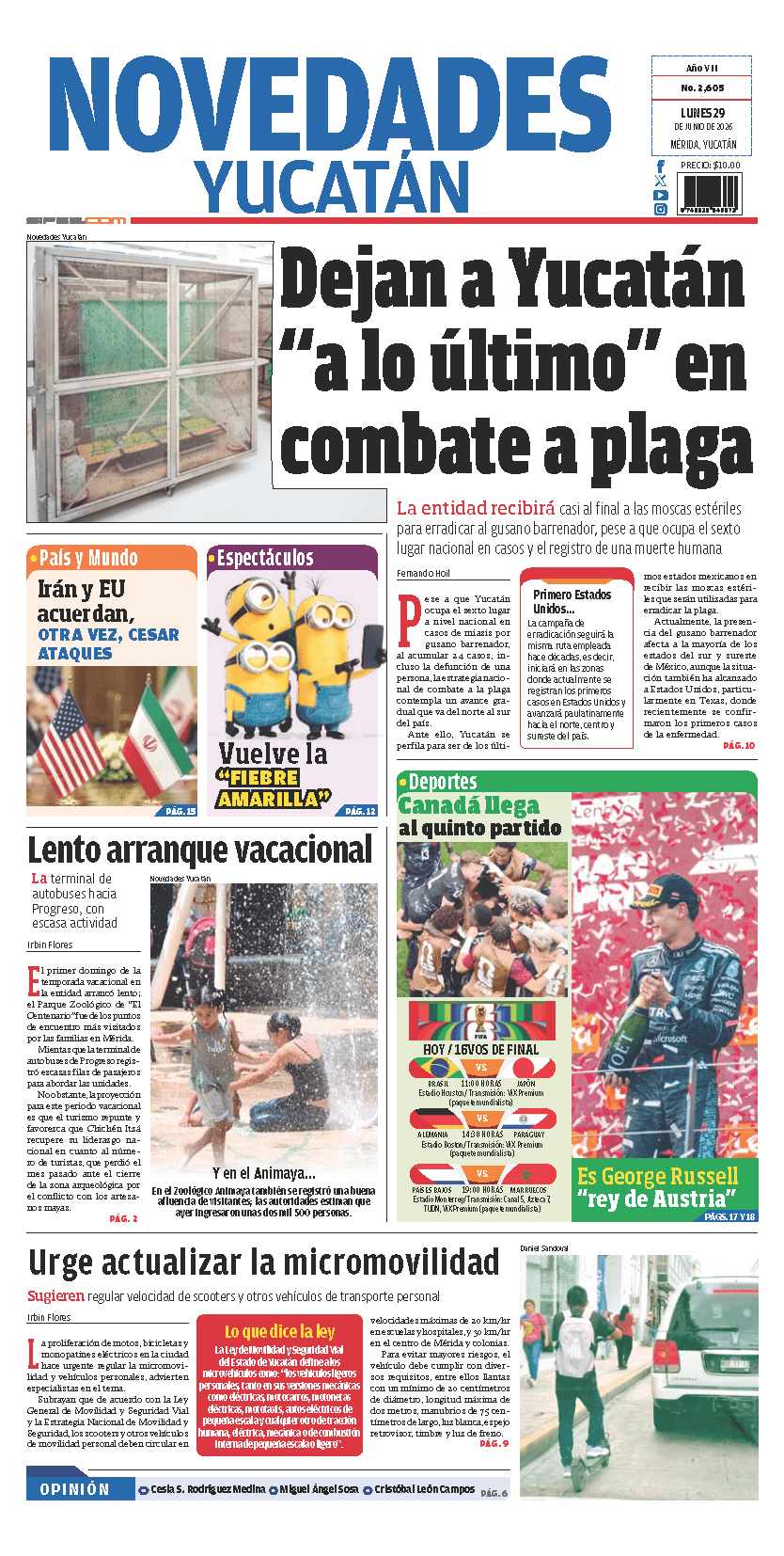 Portada de Novedades Yucatan del lunes, 29 de junio de 2026