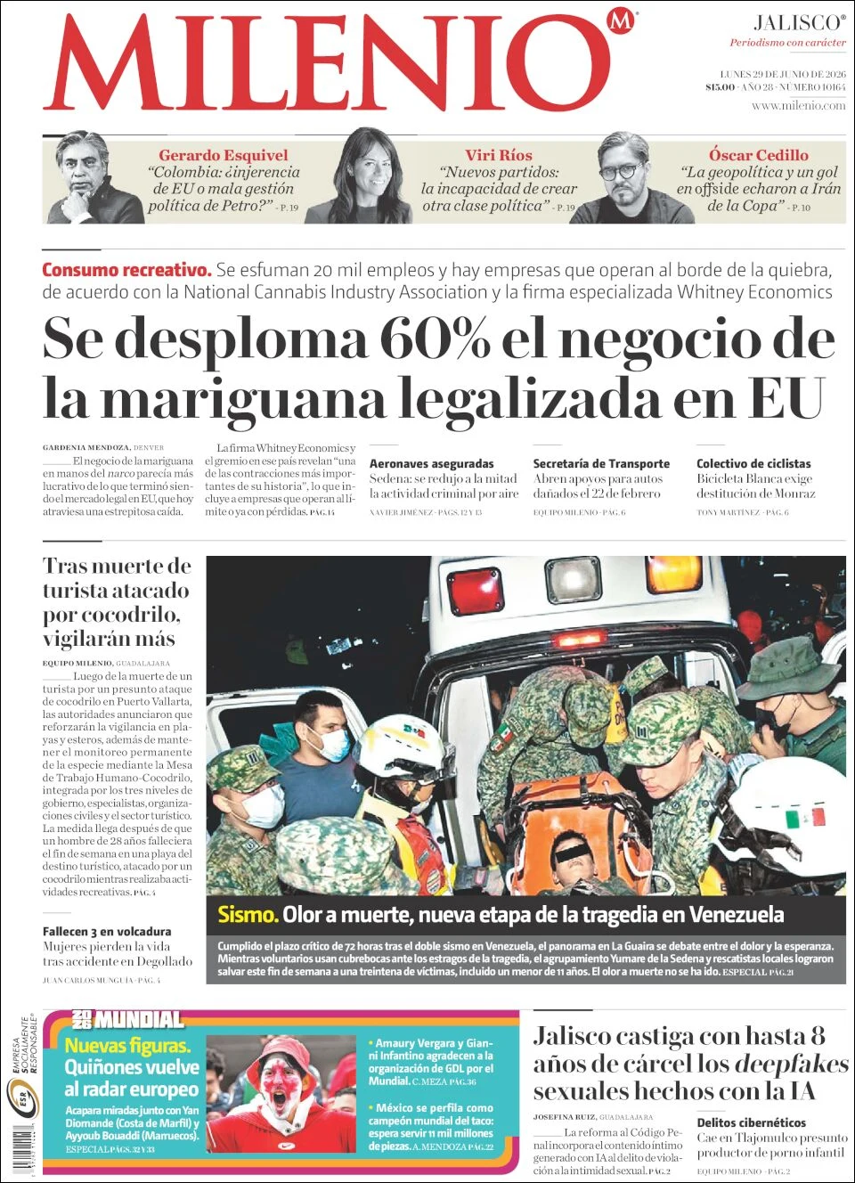 Portada de Milenio Jalisco del lunes, 29 de junio de 2026