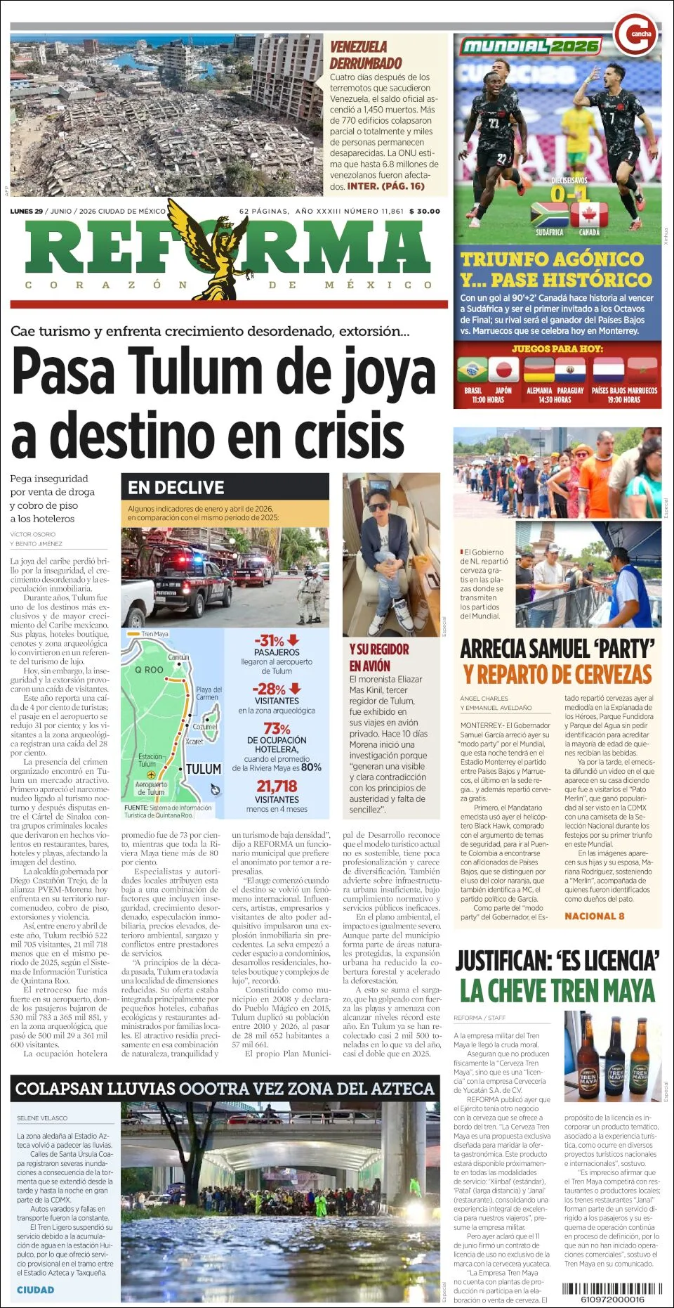 Portada de Reforma del lunes, 29 de junio de 2026