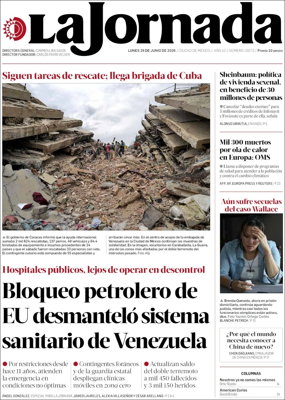 Portada de La Jornada del lunes, 29 de junio de 2026