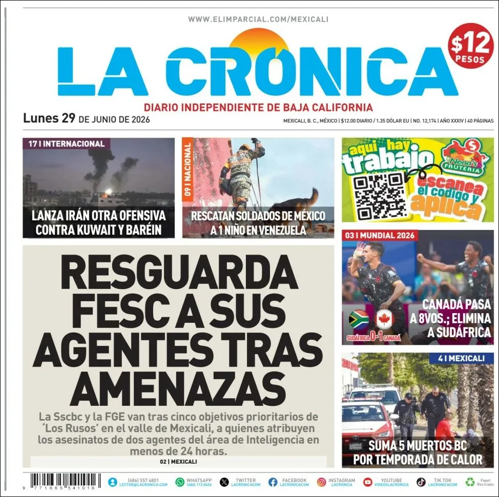 Portada de La Cronica del lunes, 29 de junio de 2026