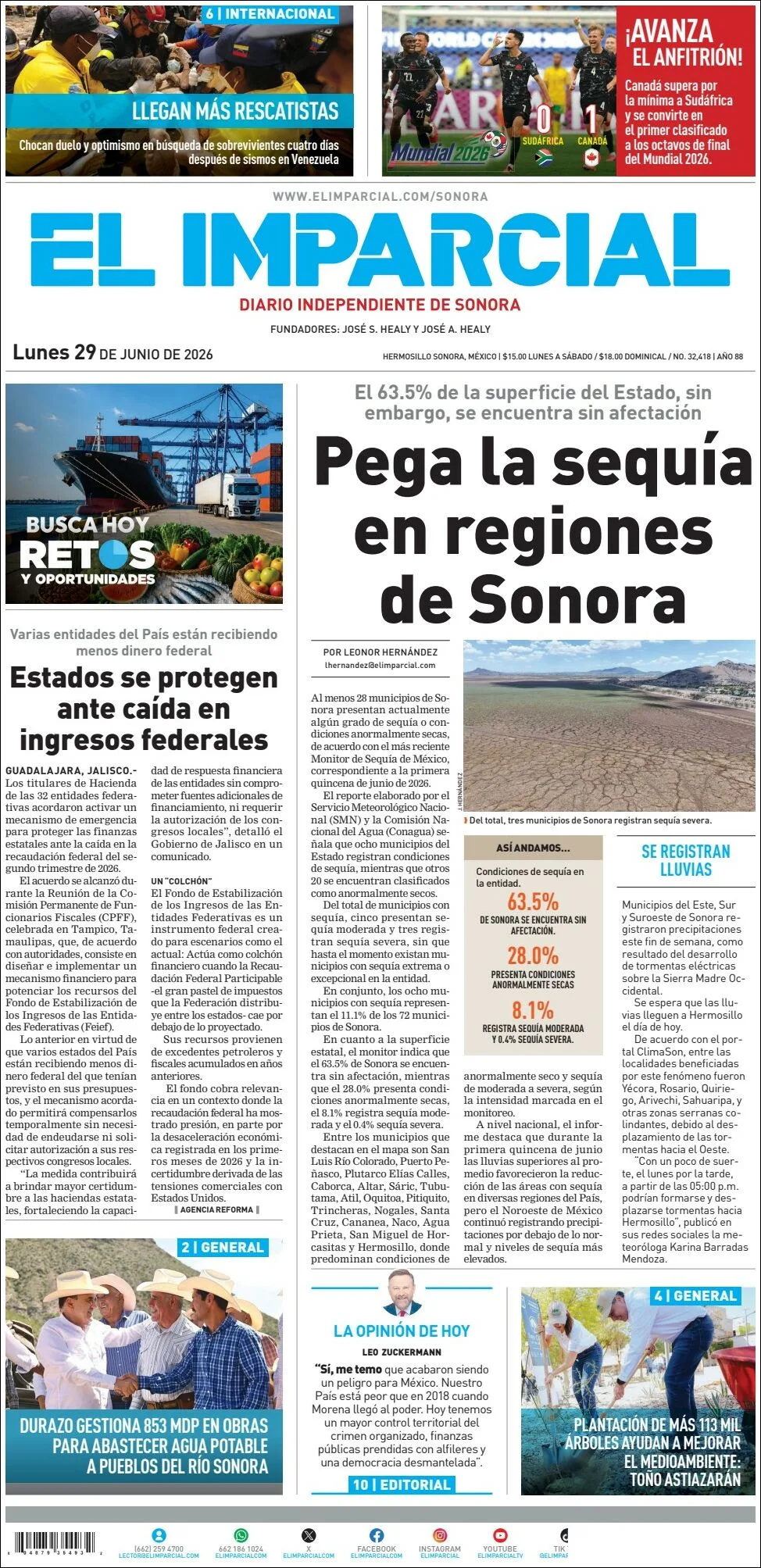 Portada de El Imparcial del lunes, 29 de junio de 2026