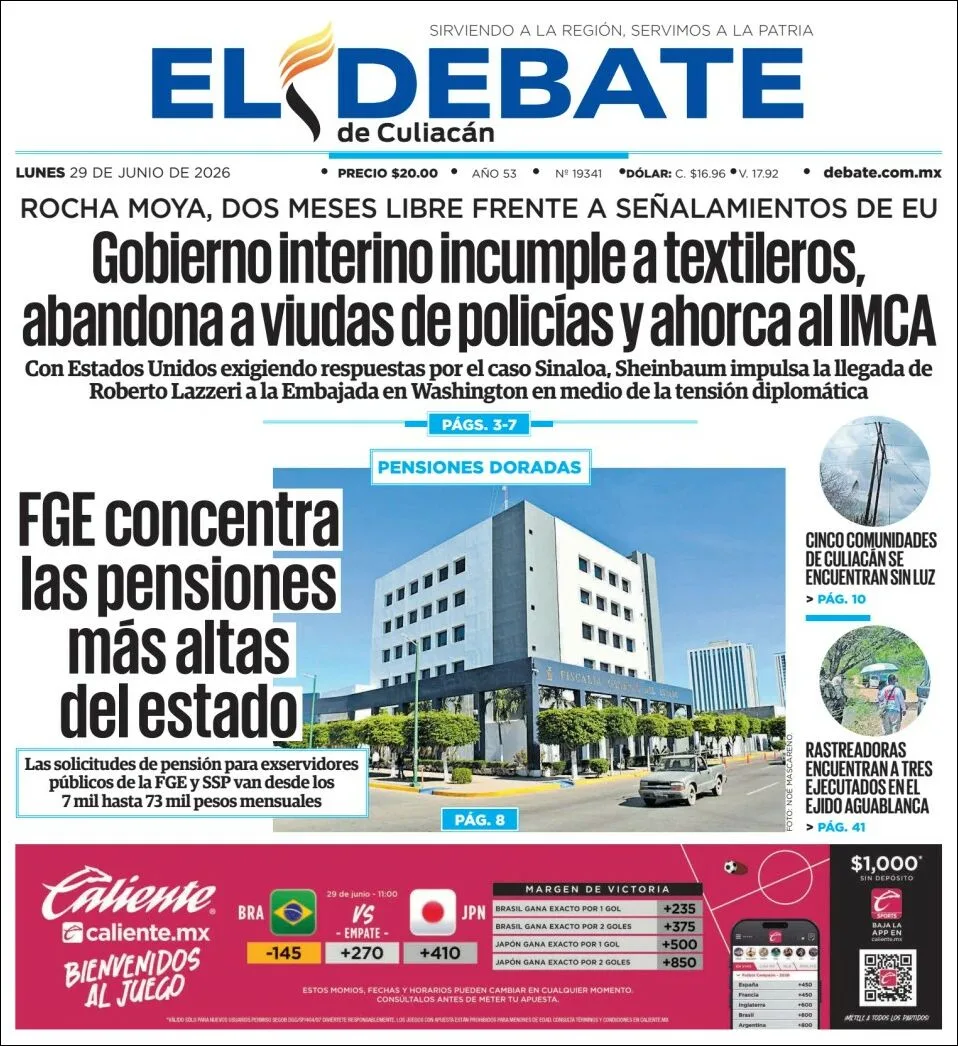 Portada de El Debate de Culiacan del lunes, 29 de junio de 2026