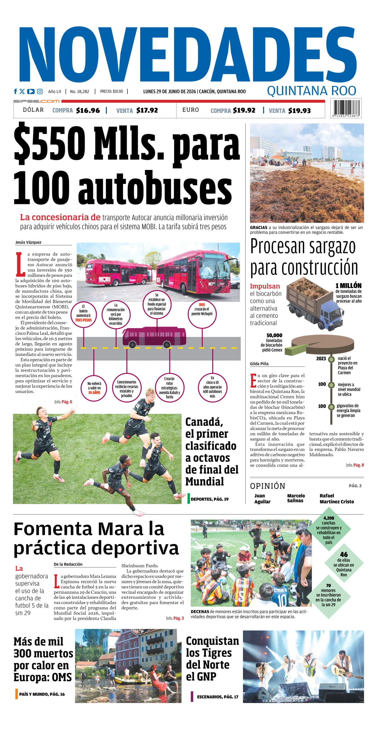 Portada de Novedades Quintana Roo del 2026-06-29