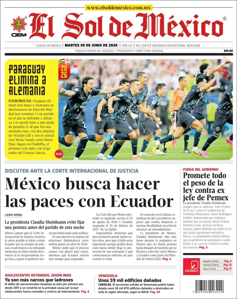 Portada de El Sol de Mexico del martes, 30 de junio de 2026
